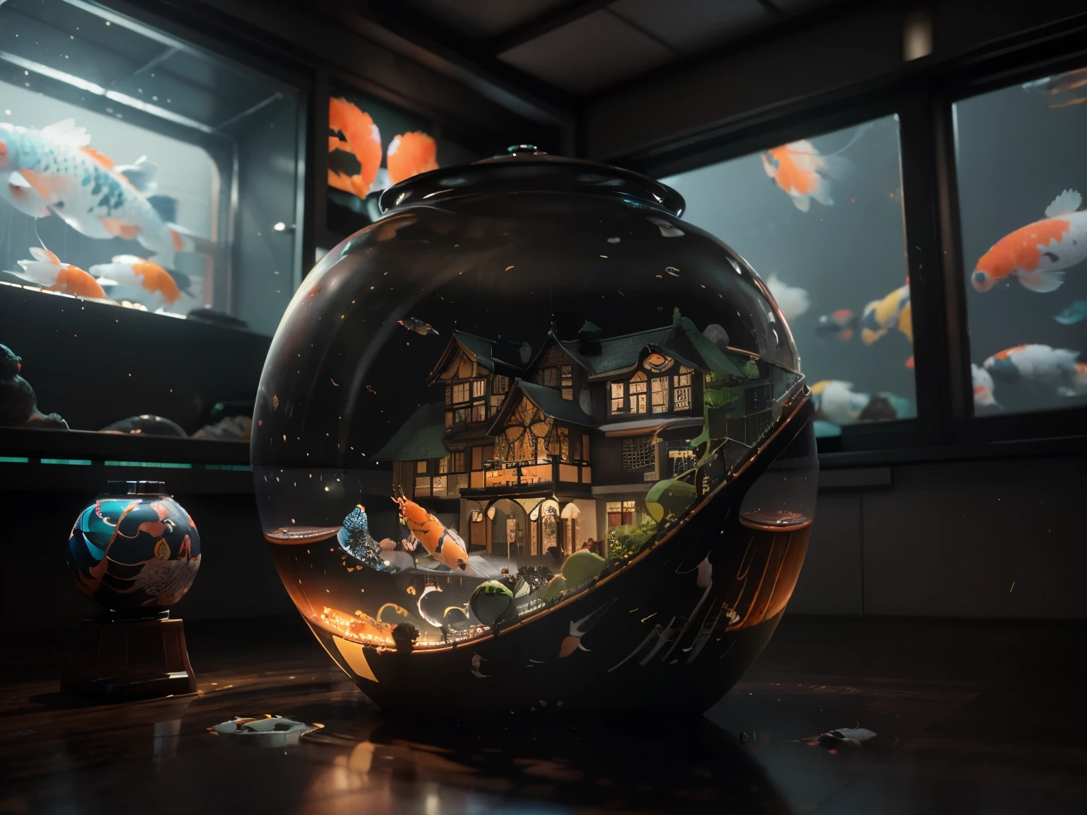 (Manhattan NY, during a severe lightning storm:1.2) if (M.C. Escher was the architecht:1.3), inside a fishbowl filled with, vibrant and colorful Japanese ((Koi)) and sitting on a shelf in a pet shop for giant celestial beings, UHD, best quality, 16k resolution, (octane render:1.5),
