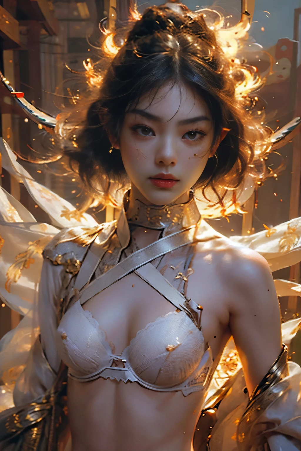 (petite lilymaymac:1.3), Best Quality, Masterpiece, Ultra High Resolution, (Realism: 1.4), Original Photo, 1Girl, Perfect Face, Delicate Facial Features, Perfect Hands, Delicate Eyelashes, Delicate Eyes, Complex Textures, Gorgeous Armor, Chinese Weapon, Floating Sword, Flame, Light, Serious Expression, Complex Background, Chinese Palace, (topless:1.3), (sleveless:1.4), (sexy bra:1.5)