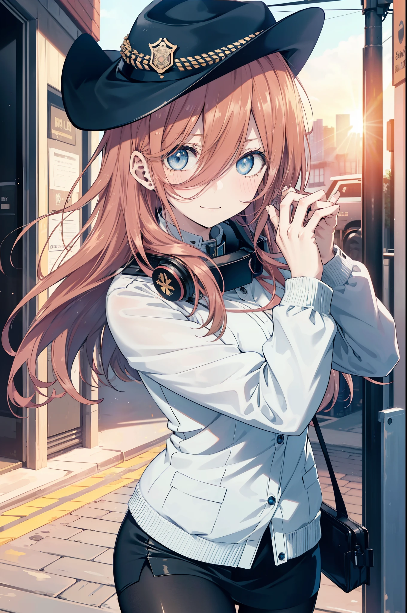 miku nakano, Nakano Miku Ticket III, long hair, bangs, blue eyes, brown hair, hair between eyes, headphones ,police hat,smile,blush,open your mouth,sexy police uniform,black pencil skirt,black pantyhose,stiletto heels,The girl salutes with her left hand,Place your right hand on your hip.,Looking up,sunrise,morning,sun,
break outdoors, In town,building street,
break looking at viewer, (cowboy shot:1.5), (Upper body:1.5),
break (masterpiece:1.2), highest quality, High resolution, unity 8k wallpaper, (figure:0.8), (detailed and beautiful eyes:1.6), highly detailed face, perfect lighting, Very detailed CG, (perfect hands, perfect anatomy),