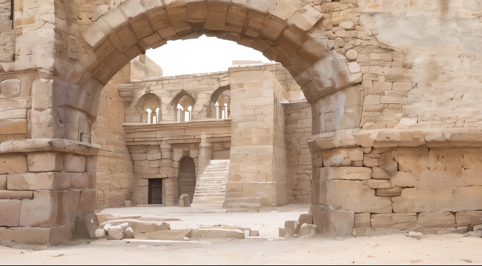 There is a stone archway,background是一座石头建筑, dry arch, there are arch, background, buildings carved from stone, arches and walls, giant arch, ancient persian temple dungeon, with arch, ancient building, ancient building, giant majestic arch, Persian ancient city, Tall arched stone door, arch