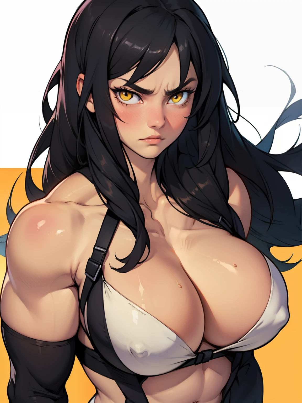 girl muscles big breasts pale skin black long hair yellow eyes sad blushing solo frown