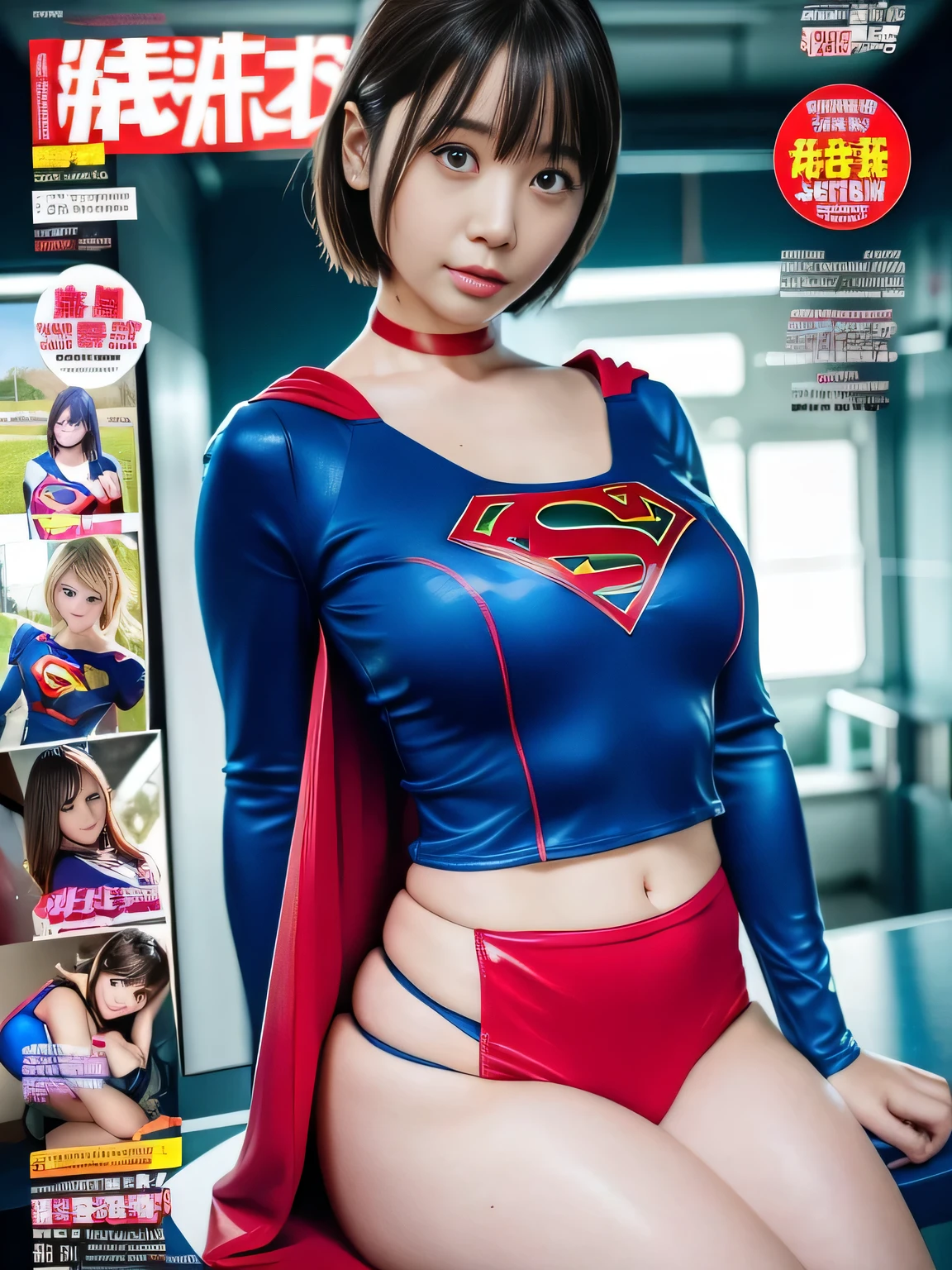 masterpiece、supergirl costume、short hair、big and full breasts、human experiment subjects、Crisis situation、Research room、Experimental facility、Research room、research facility、graduate school、choker、long sleeve、red mini skirt、looking at camera、Weekly magazine cover、barefoot、Sweat、Sweatまみれ、model body shape、from right in front