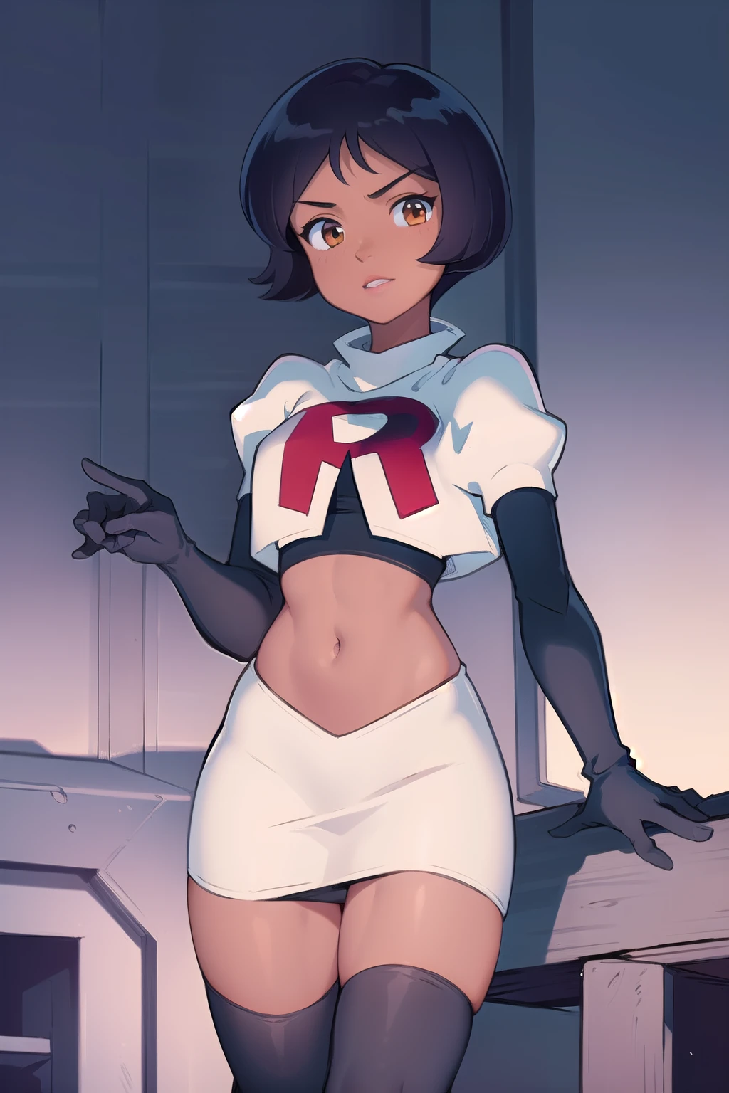 ((masterpiece, best quality)), 1girl,solo, alex, short hair, black hair, brown eyes, dark skin, tan, lipstick, team rocket,team rocket uniform,white skirt,red letter R,crop top,black thigh-highs,black elbow gloves