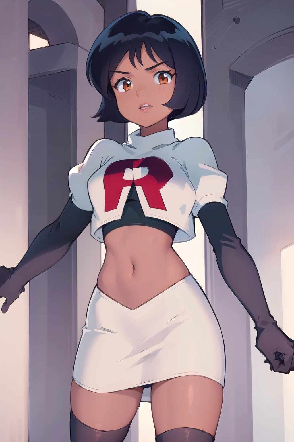 ((masterpiece, best quality)), 1girl,solo, alex, short hair, black hair, brown eyes, dark skin, tan, lipstick, team rocket,team rocket uniform,white skirt,red letter R,crop top,black thigh-highs,black elbow gloves