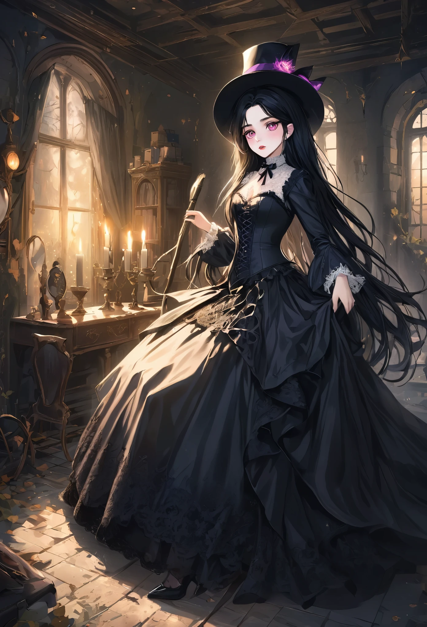 best quality,ultra-detailed,realistic,photorealistic,blue-eyed,long-haired girl looks happy,beautiful detailed eyes,beautiful detailed lips,long eyelashes,best quality painting,detailed,physically-based rendering,ultra-fine painting,fine details,painting,a teenage boy joins a witch coven and he gets magically transformed into a cute witch girl,gender bending ritual,she embrace her new identity has a maiden of witchcraft and she’s eager to learn magic, a group of friendly witches are helping dressing up the new girl in a stunning black victorian dress, physically-based rendering,gorgeous dress design,flowing gown,elaborate lace details,rich textures,contrast stitching,delicate ribbon bows,floral accents,full skirt,high neckline,long sleeves,fitted waistline,flared cuffs,lace-up back,luxurious fabrics,flawless silhouette,high heels, pink-eyed girl,effeminate face,pointy hat,high heels,corset,long black hair,witches assisting in dressing up the new girl,promptly helps the new girl getting dressed in a stunning black Victorian dress, feminine and elegant movements, inside an abandoned castle with worned out furniture and occult symbol, moonlit night with a full moon shining above, soft and ethereal lighting, whimsical and enchanting atmosphere, breathtaking and bewitching nature, a sense of empowerment and self-discovery, high resolution, 4K, 8K