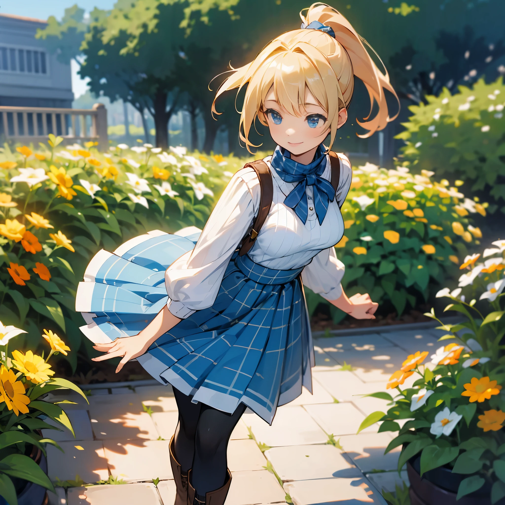 (high quality, High resolution, Super detailed, reality:1.37), peaceful atmosphere, (outdoors, garden), girl standing alone, (my breasts are big.), Beautiful detail features, cute smile, (blonde ponytail), ribbed sweater, blue plaid skirt, black tights, brown boots.