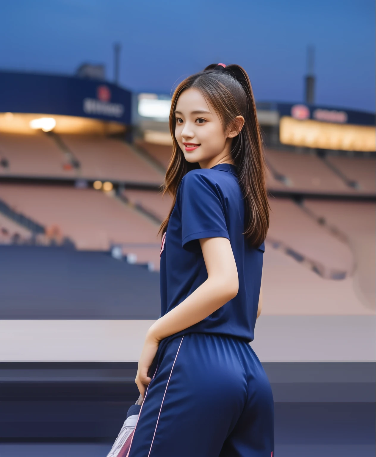 (best quality,10,10,height,Masterpiece:1.2),Special details,(realistic,ภาพrealistic,Realistic photos:1.37),1 cute  the football field,shiny, ผิวshiny,only,smile softly,BDclothelue shirt:1.3)),short sleeve,shirt, กางเกงขาlong.,(navy_long_track pants:1.1), ((stadium background:1.3)),Dynamic angle,excited,Face focus,dynamic poses,from behind,focus on ass,Maspiece, best quality, ultra realistic, hyper-detail, 8K resolution, raw photos, Sharp focus, ((Navy blue shirt:1.1)), short sleeve, เส้นทางlong, perfect body, 2 mature wom years old, Cinema-grade lighting system,blue sweatpants,shirtผ้าออกกำลังกาย,correct anatomy,perfect body, correct body, Sharp face, correct bodyทางกายวิภาค, full body, realistic gestures, long-haired, realistic poses,Wear long shorts................................,ช่วงขาlong,Good shape,carved girl, Slender figure, model, Good shape, beautiful body,blue sweatpants, two girls kissing