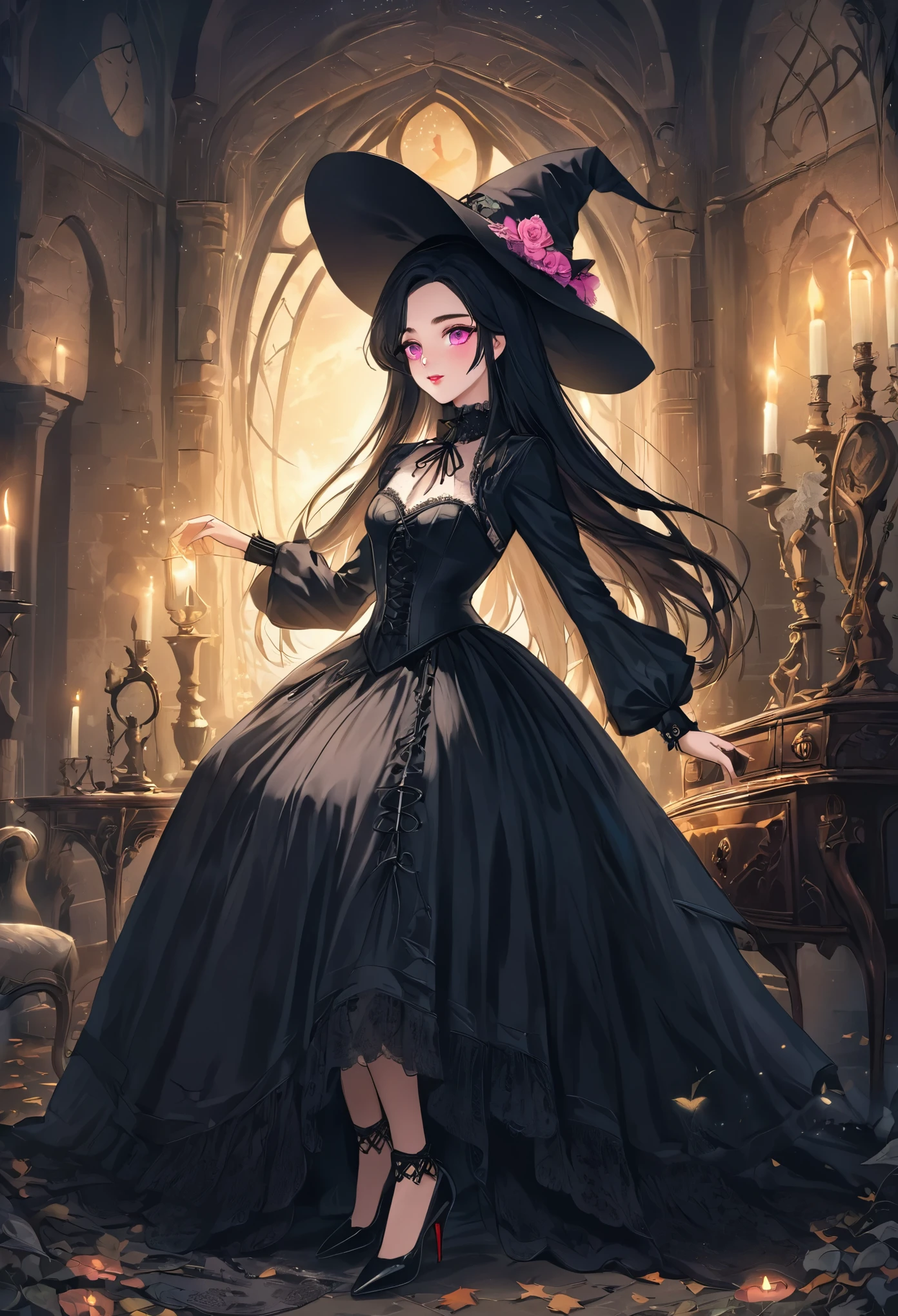 best quality,ultra-detailed,realistic,photorealistic,blue-eyed,long-haired girl looks happy,beautiful detailed eyes,beautiful detailed lips,long eyelashes,best quality painting,detailed,physically-based rendering,ultra-fine painting,fine details,painting,a teenage boy joins a witch coven and he gets magically transformed into a cute witch girl,gender bending ritual,she embrace her new identity has a maiden of witchcraft and she’s eager to learn magic, a group of friendly witches are helping dressing up the new girl in a stunning black victorian dress, physically-based rendering,gorgeous dress design,flowing gown,elaborate lace details,rich textures,contrast stitching,delicate ribbon bows,floral accents,full skirt,high neckline,long sleeves,fitted waistline,flared cuffs,lace-up back,luxurious fabrics,flawless silhouette,high heels, pink-eyed girl,effeminate face,pointy hat,high heels,corset,long black hair,witches assisting in dressing up the new girl,promptly helps the new girl getting dressed in a stunning black Victorian dress, feminine and elegant movements, inside an abandoned castle with worned out furniture and occult symbol, moonlit night with a full moon shining above, soft and ethereal lighting, whimsical and enchanting atmosphere, breathtaking and bewitching nature, a sense of empowerment and self-discovery, high resolution, 4K, 8K