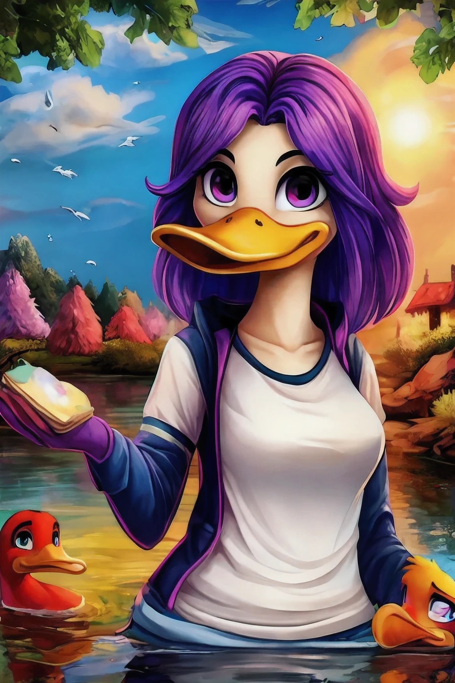 1 girl , beautiful duck 
