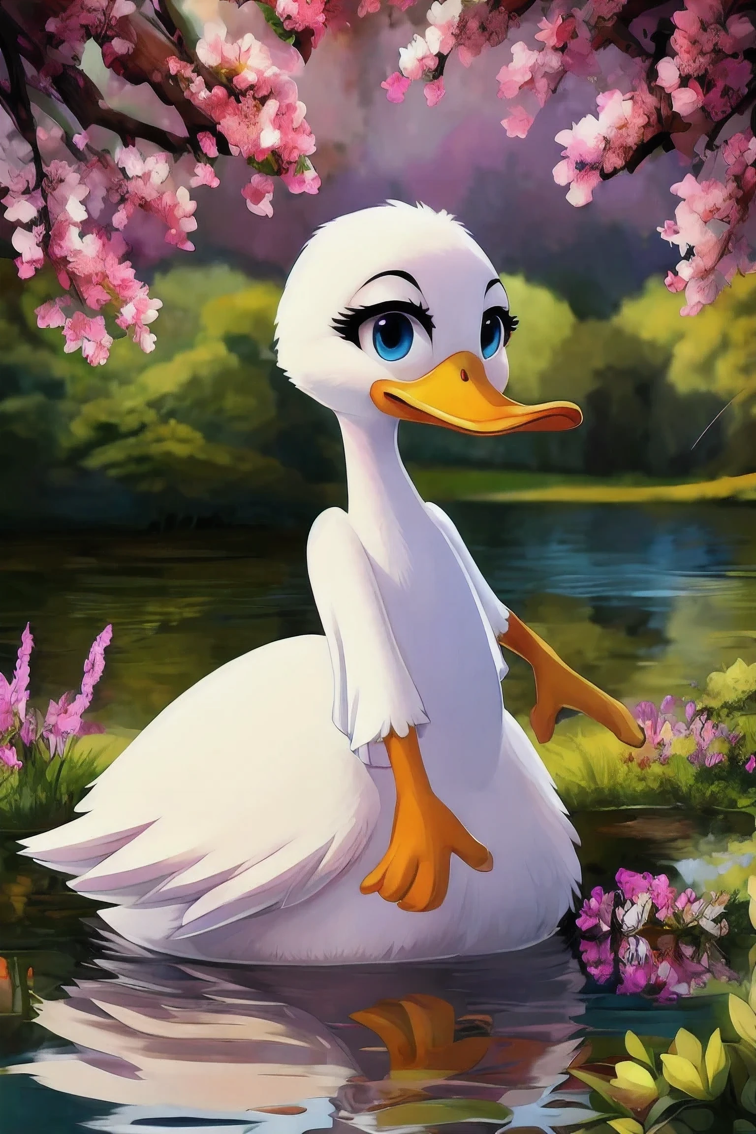 1 girl , beautiful duck 
