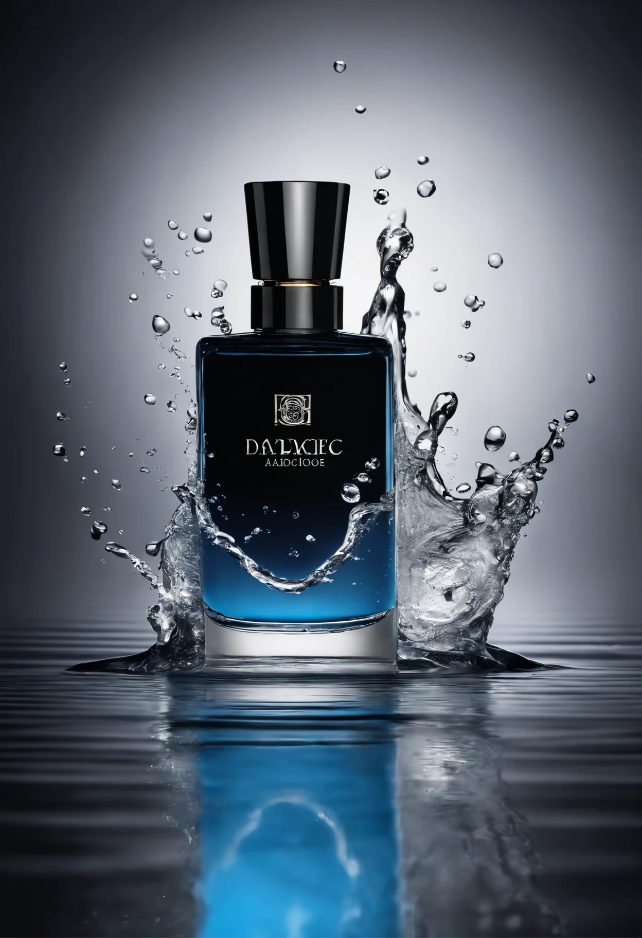 Black and white background with blue gradient showing a product falling vertically into the water, Enhance the visual appeal of the perfume to exude elegance and sophistication . You are free to use enlightenment, texturizado, and composition to create a luxurious atmosphere，Uma vez adicionado，The perfume will be the central focus and must be in a falling movement into the water
