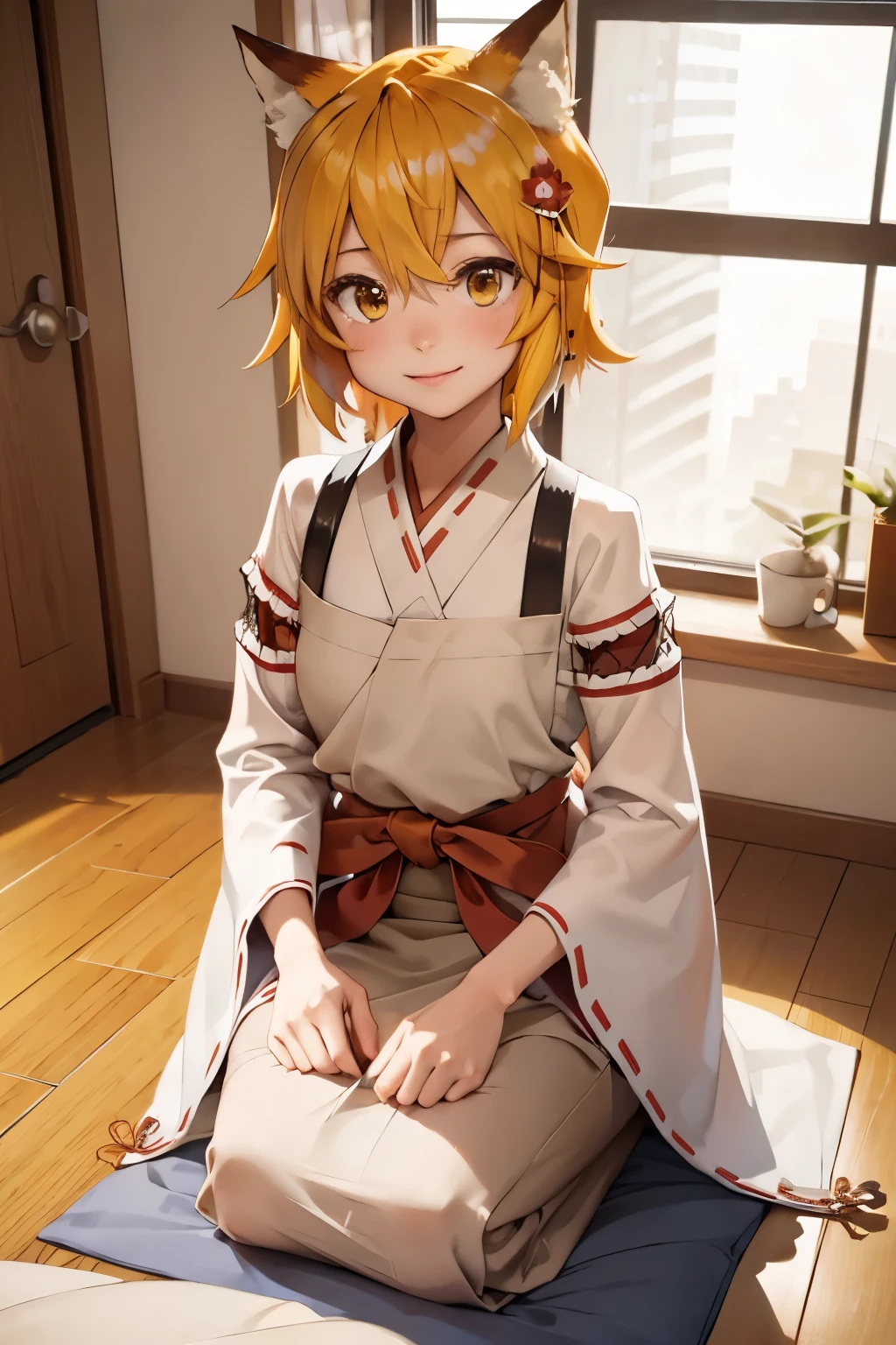 ((ultra quality)), ((Masterpiece)), ((8K)), ((senko-san)), short stature, ((orange short hair)), (Beautiful face), (there is a red fox tail), charming, ((excited facial expression)), looks at the camera with a slight smile, (Skin color white), (White skin), glare on the body, wet body, ((detailed beautiful female eyes)), ((orange eyes)), (beautiful female lips), (dark eyeliner), (beautiful female hands), ((Ideal female figure)), Ideal female body, beautiful waist, beautiful hips, small breasts, (dressed in Japanese Senko Yukata), ((subtle and beautiful)), sits seductively (), background: ordinary Japanese apartment, ((depth of field)), ((high quality clear image)), (clear details), ((High detail)), realistically, ((Clear Focus)), anime.