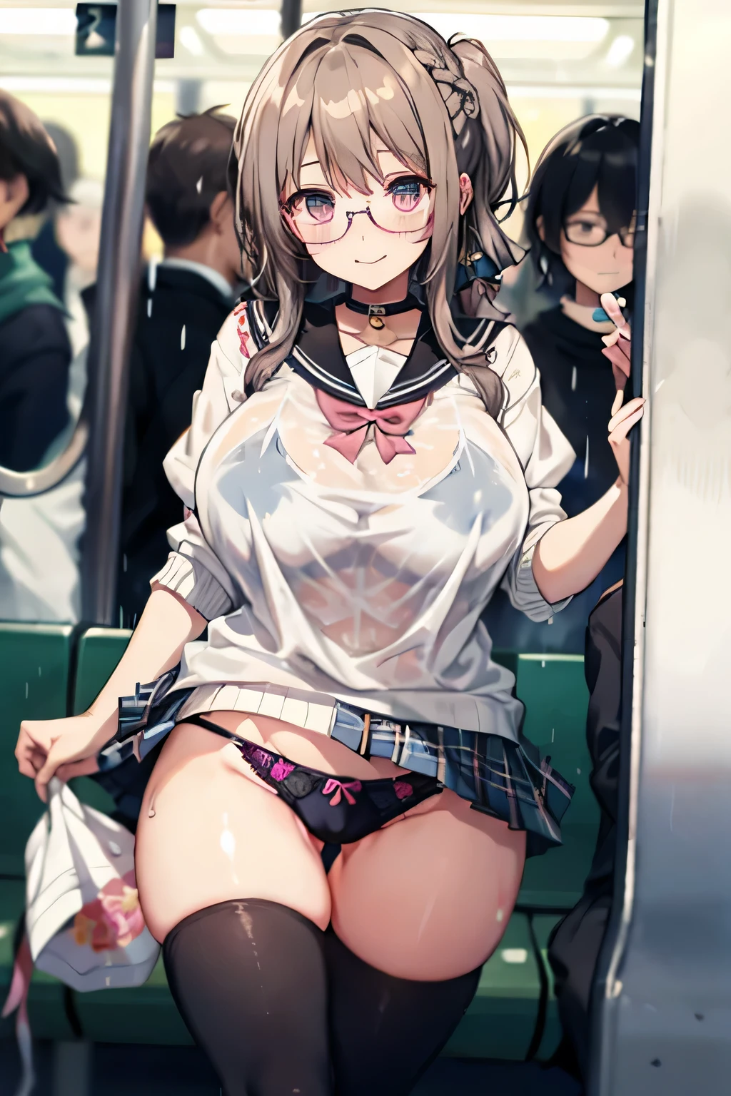 highest quality、High resolution、detailed background、Black square glasses、cute10代の美少女、(huge breasts:1.1)、perfect body line、Well-defined model body、braided ponytail、black floral embroidery panties、No bra、My clothes are wet and transparent、I can see the nipples、blush、I&#39;embarrassingです、embarrassing、cowboy shot、
cuteセーラー服、white sailor collar、cute school cardigan、Pleated mini skirt with tartan plaid pattern、black knee high socks、pink overknee socks、Inside a crowded train、cute、camel toe