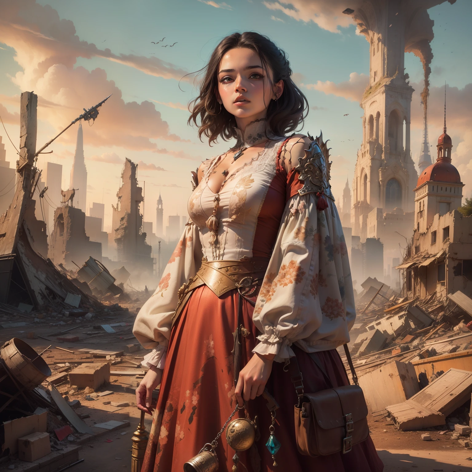 a woman in a dress standing in a destroyed city, in a ruined cityscape, highly detailed fantasy art, beautiful character painting, alice x. zhang, 4k highly detailed digital art, mighty princess of the wasteland, stunning character art, marc simonetti and sakimicha, 4k fantasy art, beautiful digital artwork, beautiful full body concept art