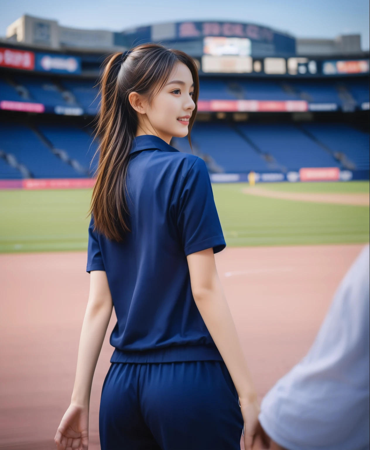 (best quality,10,10,height,Masterpiece:1.2),Special details,(realistic,ภาพrealistic,Realistic photos:1.37),1 cute girl on the football field,shiny, ผิวshiny,only,smile softly,BDclothelue shirt:1.3)),short sleeve,shirt, กางเกงขาlong.,(navy_long_track pants:1.1), ((stadium background:1.3)),Dynamic angle,excited,Face focus,dynamic poses,from behind,focus on ass,Masterpiece, best quality, ultra realistic, hyper-detail, 8K resolution, raw photos, Sharp focus, ((Navy blue shirt:1.1)), short sleeve, เส้นทางlong, perfect body, 2 mature women, 18 years old, Cinema-grade lighting system,blue sweatpants,shirtผ้าออกกำลังกาย,correct anatomy,perfect body, correct body, Sharp face, correct bodyทางกายวิภาค, full body, realistic gestures, long-haired, realistic poses,Wear long shorts................................,ช่วงขาlong,Good shape,carved girl, Slender figure, model, Good shape, beautiful body,blue sweatpants, two girls kissing