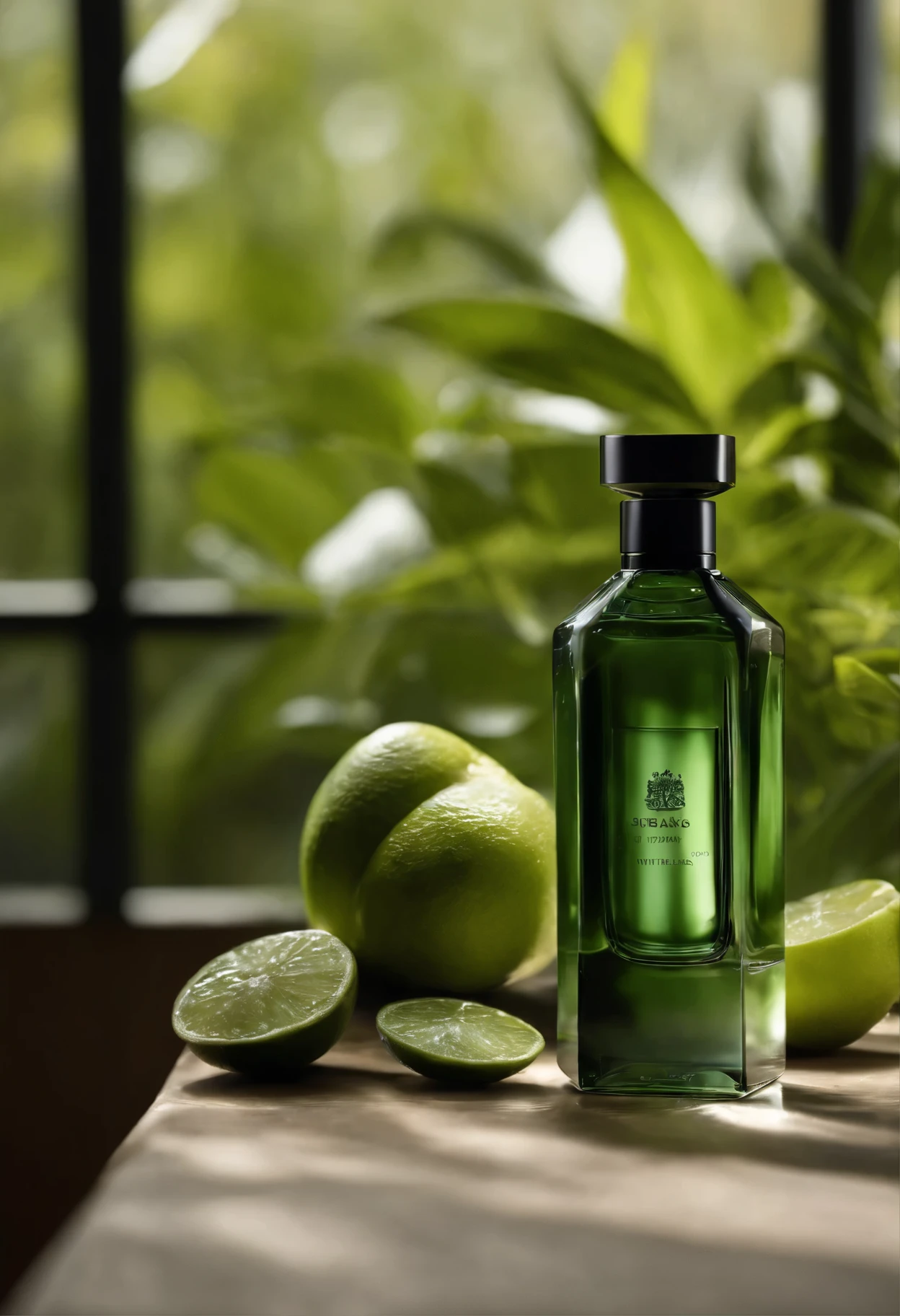Lime green black gradient background displaying a product with water, Enhance the visual appeal of the perfume to exude elegance and sophistication . You are free to use enlightenment, texturizado, and composition to create a luxurious atmosphere，Uma vez adicionado，The perfume will be the central focus and must be in a falling movement into the water
