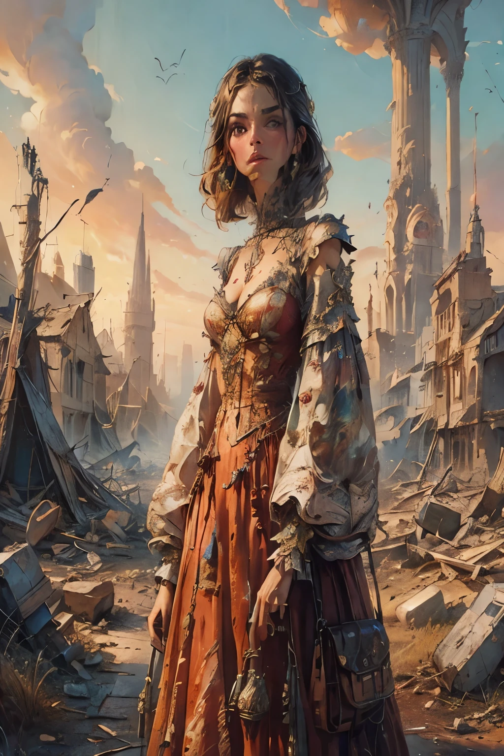 a woman in a dress standing in a ruined city, beautiful character painting, highly detailed fantasy art, stunning character art, epic exquisite character art, artgerm julie bell beeple, fantasy victorian art, peter mohrbacher. unreal engine, beautiful fantasy art, 4k highly detailed digital art, beautiful full body concept art, epic fantasy art portrait