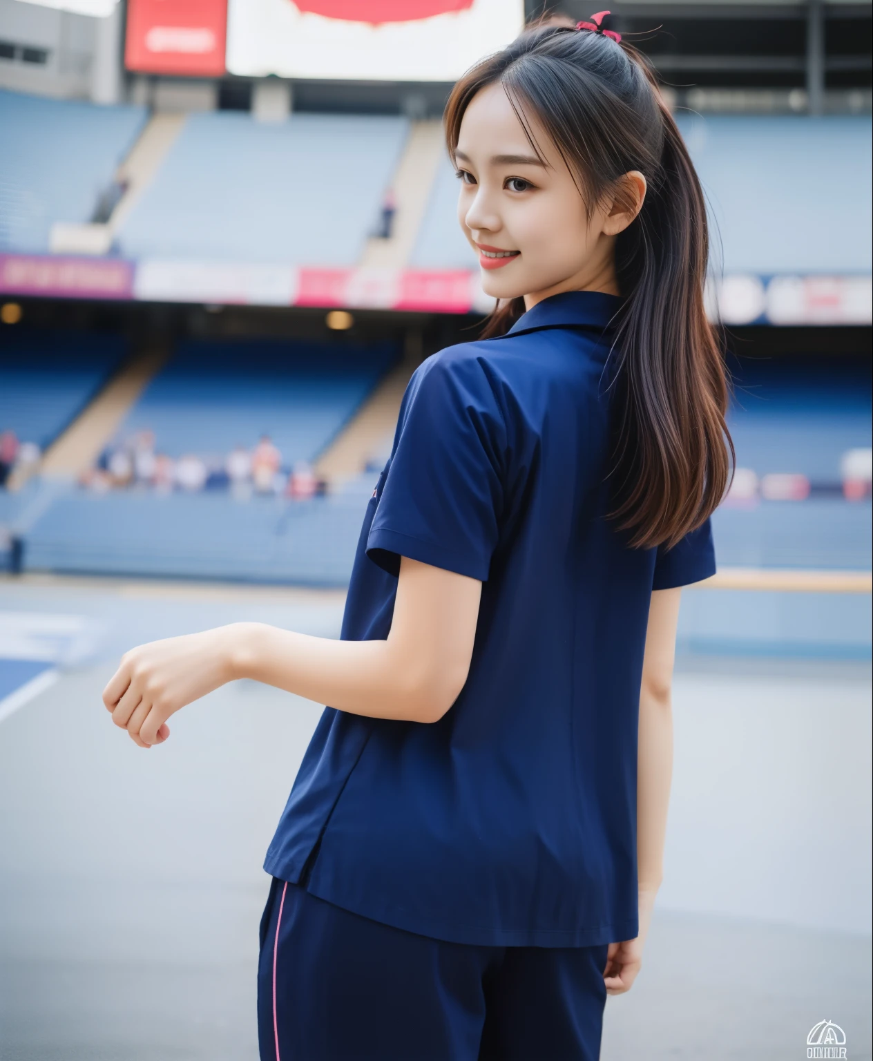 (best quality,10,10,height,Masterpiece:1.2),Special details,(realistic,ภาพrealistic,Realistic photos:1.37),1 cute girl on the football field,shiny, ผิวshiny,only,smile softly,BDclothelue shirt:1.3)),short sleeve,shirt, กางเกงขาlong.,(navy_long_track pants:1.1), ((stadium background:1.3)),Dynamic angle,excited,Face focus,dynamic poses,from behind,focus on ass,Masterpiece, best quality, ultra realistic, hyper-detail, 8K resolution, raw photos, Sharp focus, ((Navy blue shirt:1.1)), short sleeve, เส้นทางlong, perfect body, 2 mature women, 18 years old, Cinema-grade lighting system,blue sweatpants,shirtผ้าออกกำลังกาย,correct anatomy,perfect body, correct body, Sharp face, correct bodyทางกายวิภาค, full body, realistic gestures, long-haired, realistic poses,Wear long shorts................................,ช่วงขาlong,Good shape,carved girl, Slender figure, model, Good shape, beautiful body,blue sweatpants, two girls kissing