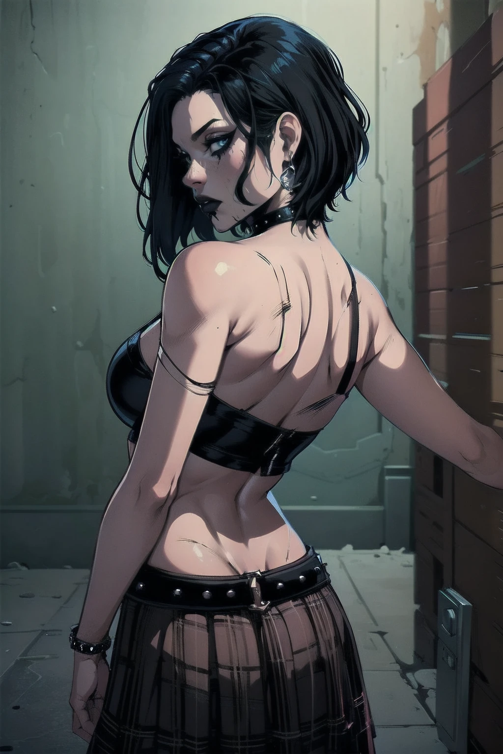 a woman with short black hair, hair on shoulders, wearing a black cropped and plaid skirt, blue eyes, zombie art, gothic art, cute aesthetic with vibe, toon aesthetic, wearing red costume, wearing gothic accessories, look like Cassie Hack, upper body, zombie background, backwards, looking back