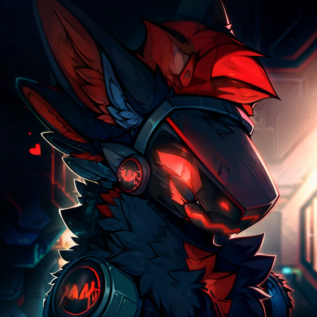 Protogen,black,red mechanical mask,staring at the viewer,Angry  expression,illustrated,ultra-detailed,professional,sharp focus,bokeh,vivid colors,glowing eyes,sci-fi,metal texture