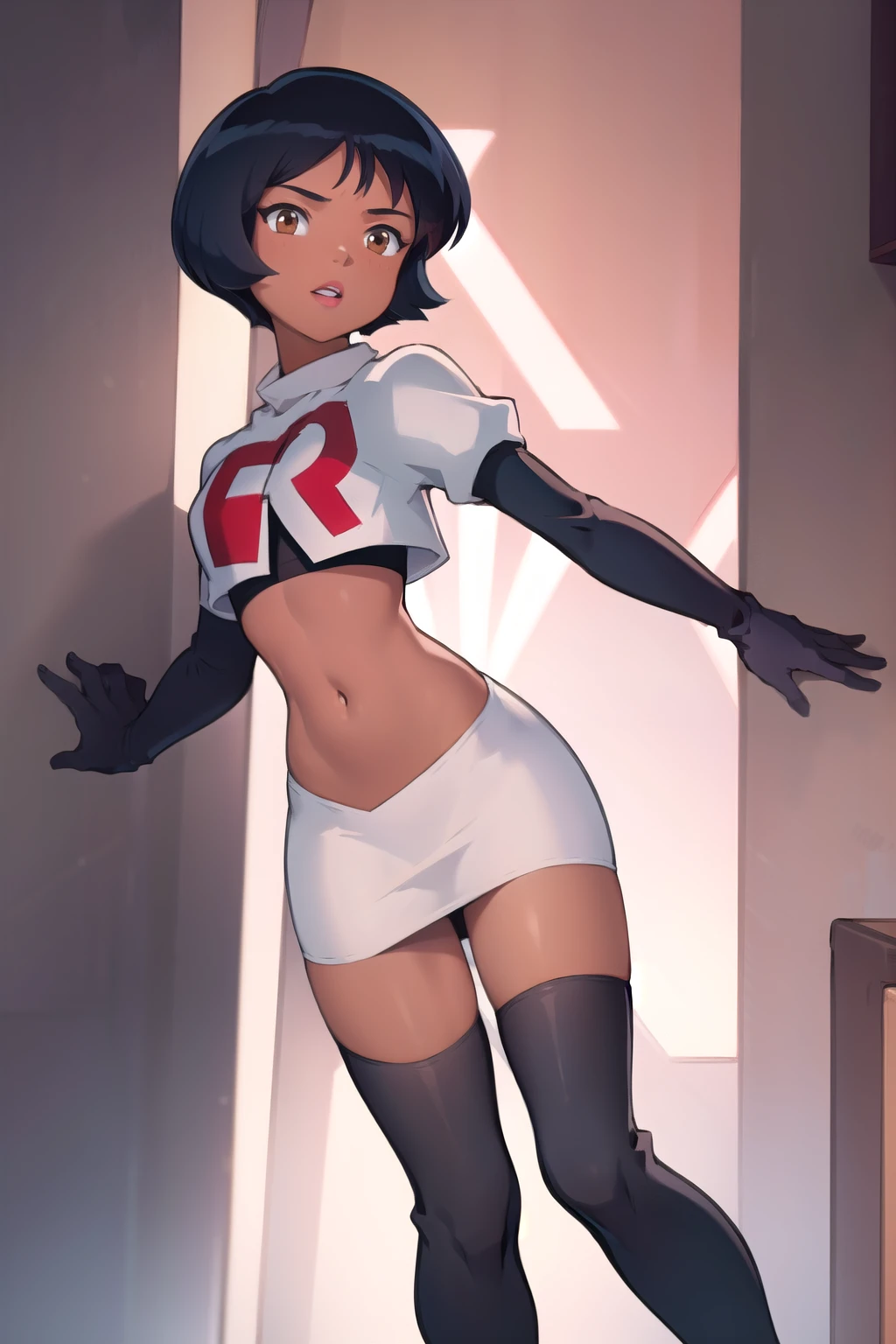 ((masterpiece, best quality)), 1girl,solo, alex, short hair, black hair, brown eyes, dark skin, tan, lipstick, team rocket,team rocket uniform,white skirt,red letter R,crop top,black thigh-highs,black elbow gloves