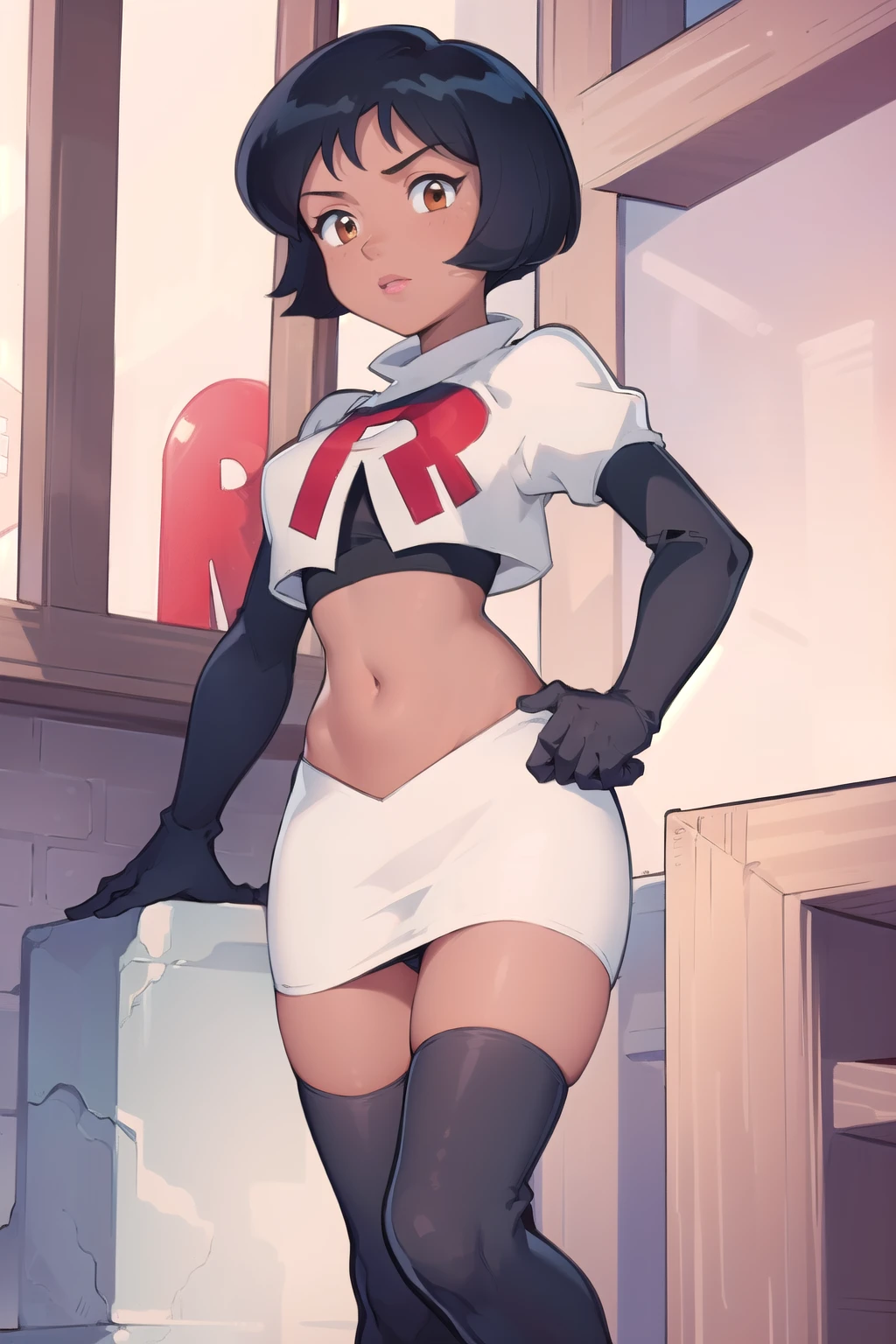 ((masterpiece, best quality)), 1girl,solo, alex, short hair, black hair, brown eyes, dark skin, tan, lipstick, team rocket,team rocket uniform,white skirt,red letter R,crop top,black thigh-highs,black elbow gloves