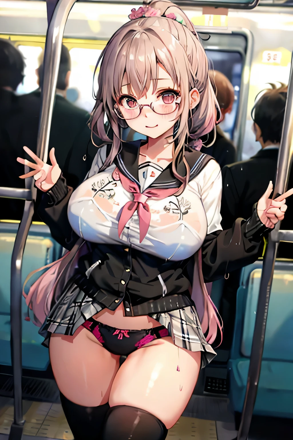 highest quality、High resolution、detailed background、Black square glasses、cute10代の美少女、(huge breasts:1.1)、perfect body line、Well-defined model body、braided ponytail、black floral embroidery panties、No bra、My clothes are wet and transparent、I can see the nipples、blush、I&#39;embarrassingです、embarrassing、cowboy shot、
cuteセーラー服、white sailor collar、cute school cardigan、Pleated mini skirt with tartan plaid pattern、black knee high socks、pink overknee socks、Inside a crowded train、cute、camel toe