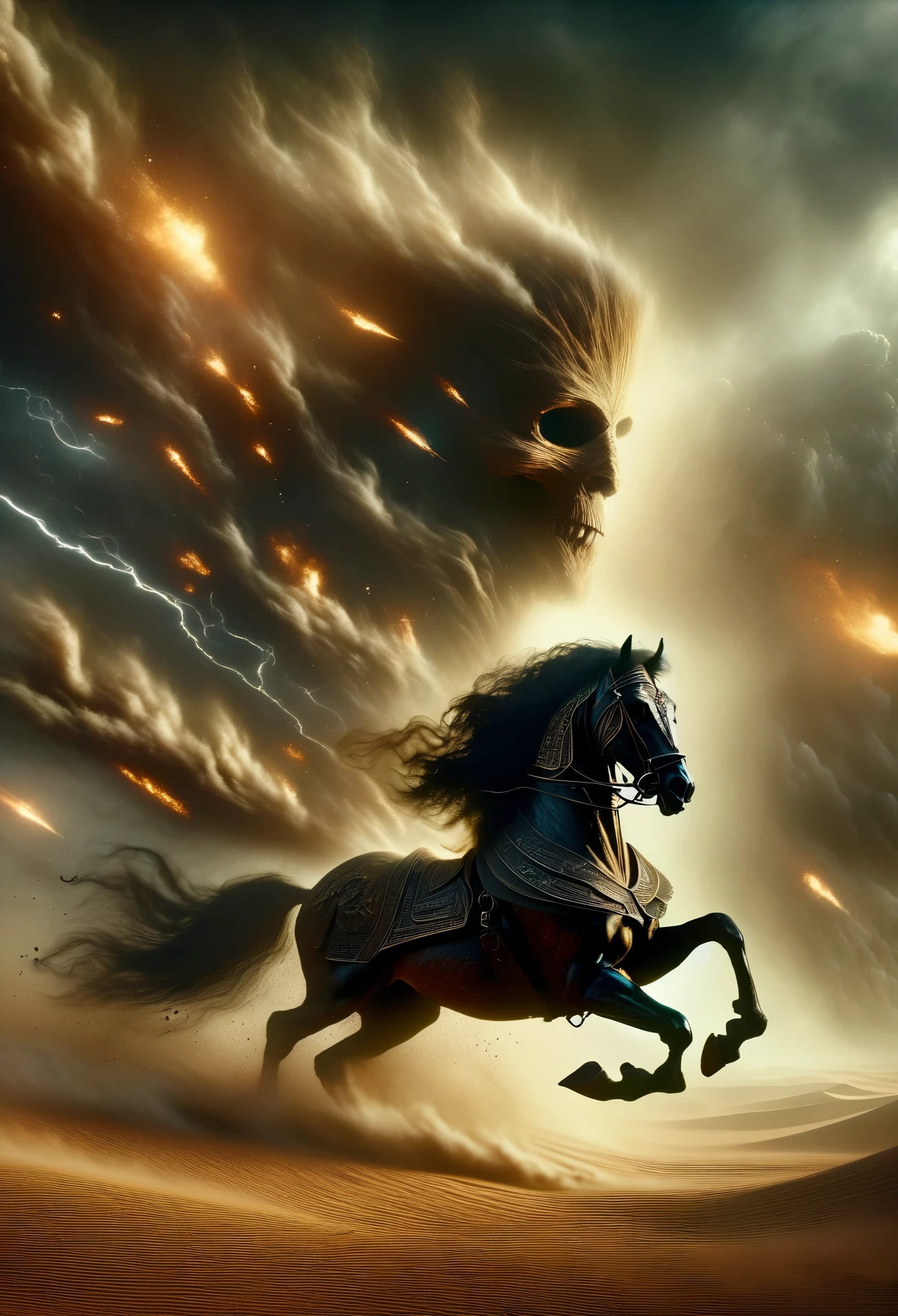 (desert, mummy, epic battle, ancient tomb, sandstorm), (oil painting, textured brushstrokes, dramatic lighting), (explosions, flying debris, intense action), (best quality, highres, ultra-detailed), (dark and gritty, ominous atmosphere), (warm earth tones, hint of gold), (focus on the fierce expressions, intricate Egyptian symbols),The skeleton army behind you,,Desert Storm,dark,gothic style,charge,horse riding