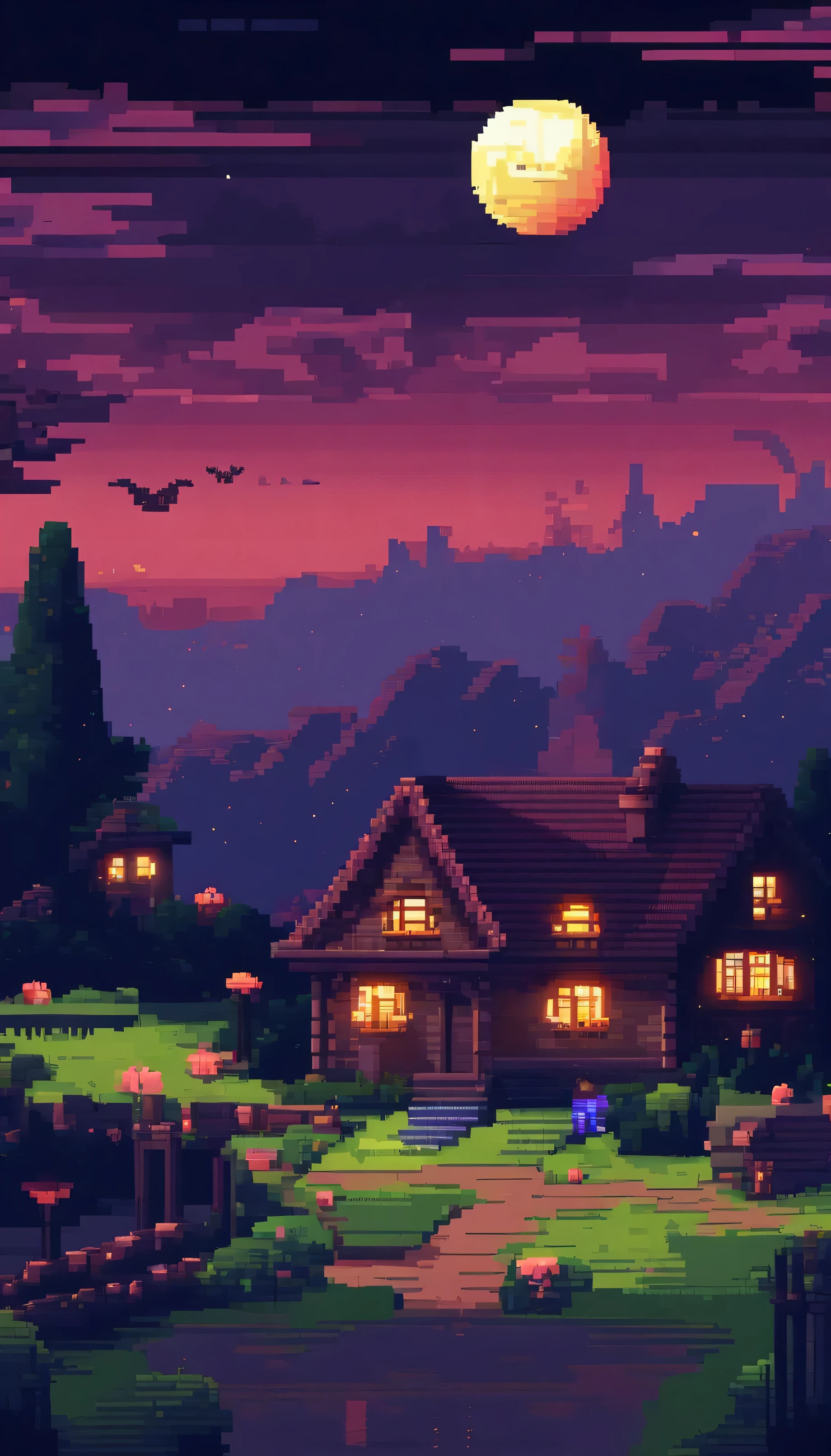 dark night in a village, with dim lights. beautiful night 4k. pixel art . beautiful in the dark. house under the moonlight. beautiful moon with some trees