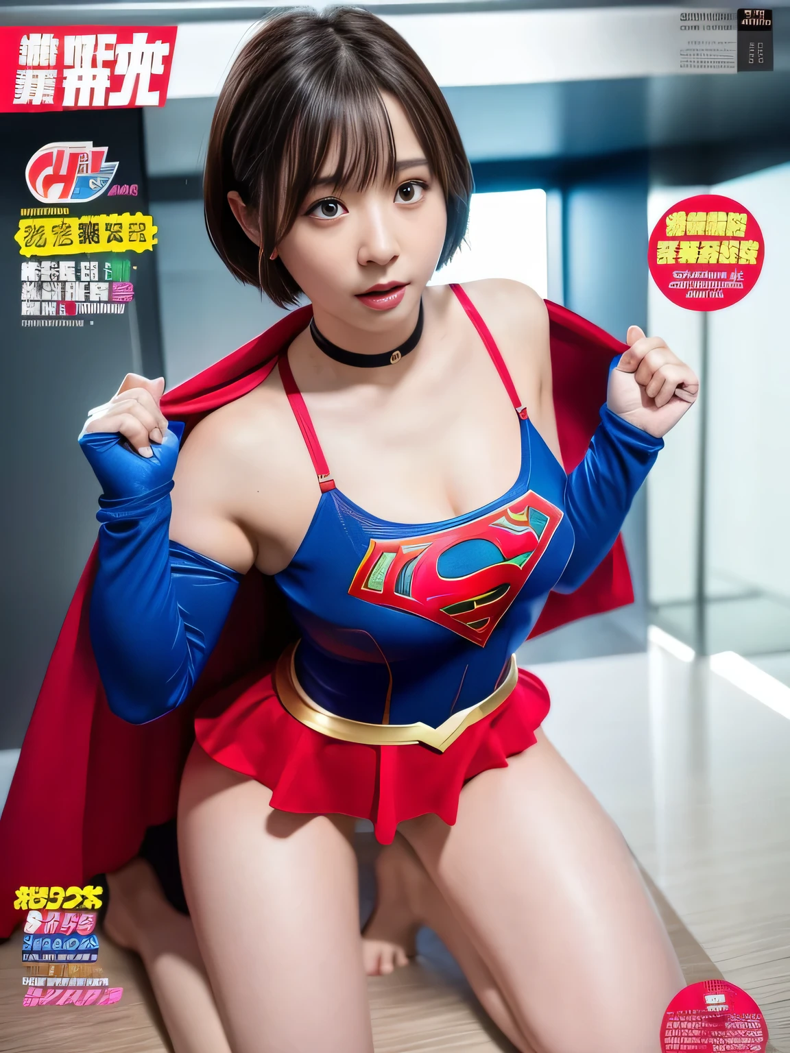 masterpiece、supergirl costume、short hair、big and full breasts、human experiment subjects、Crisis situation、Research room、Experimental facility、Research room、research facility、graduate school、choker、long sleeve、red mini skirt、looking at camera、Weekly magazine cover、barefoot、Sweat、Sweatまみれ、model body shape、from right in front