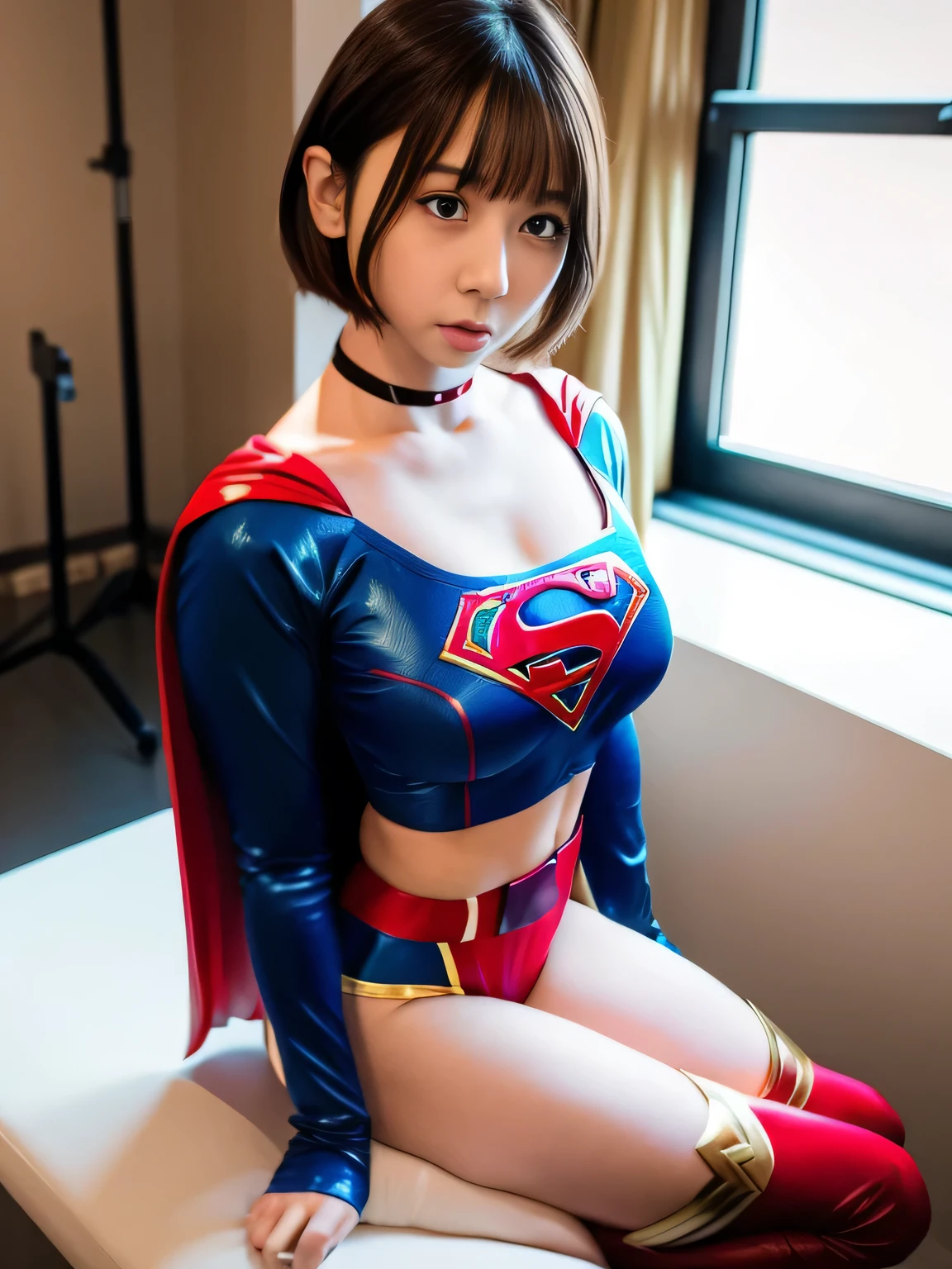 masterpiece、supergirl costume、short hair、barefoot、big and full breasts、human experiment subjects、Research room、operating table、Crisis situation、straddle、choker、shiny、looking at camera、Seduce、choker、long sleeve、red high leg bloomers、sexy pose、model body shape、