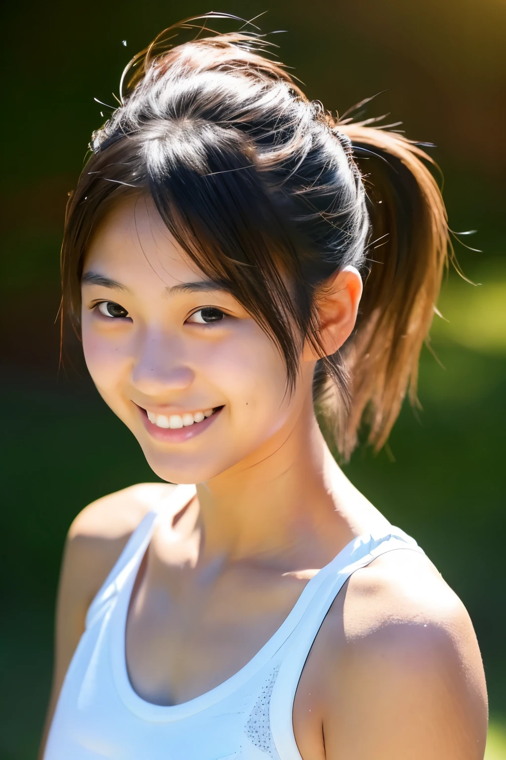 (Beautiful Japanese woman), cute face, (deeply carved face:0.7), (freckles:0.6), dramatic lighting, shy, pony tail, (smile), (sparkling eyes), slender, Athletics, white tank top