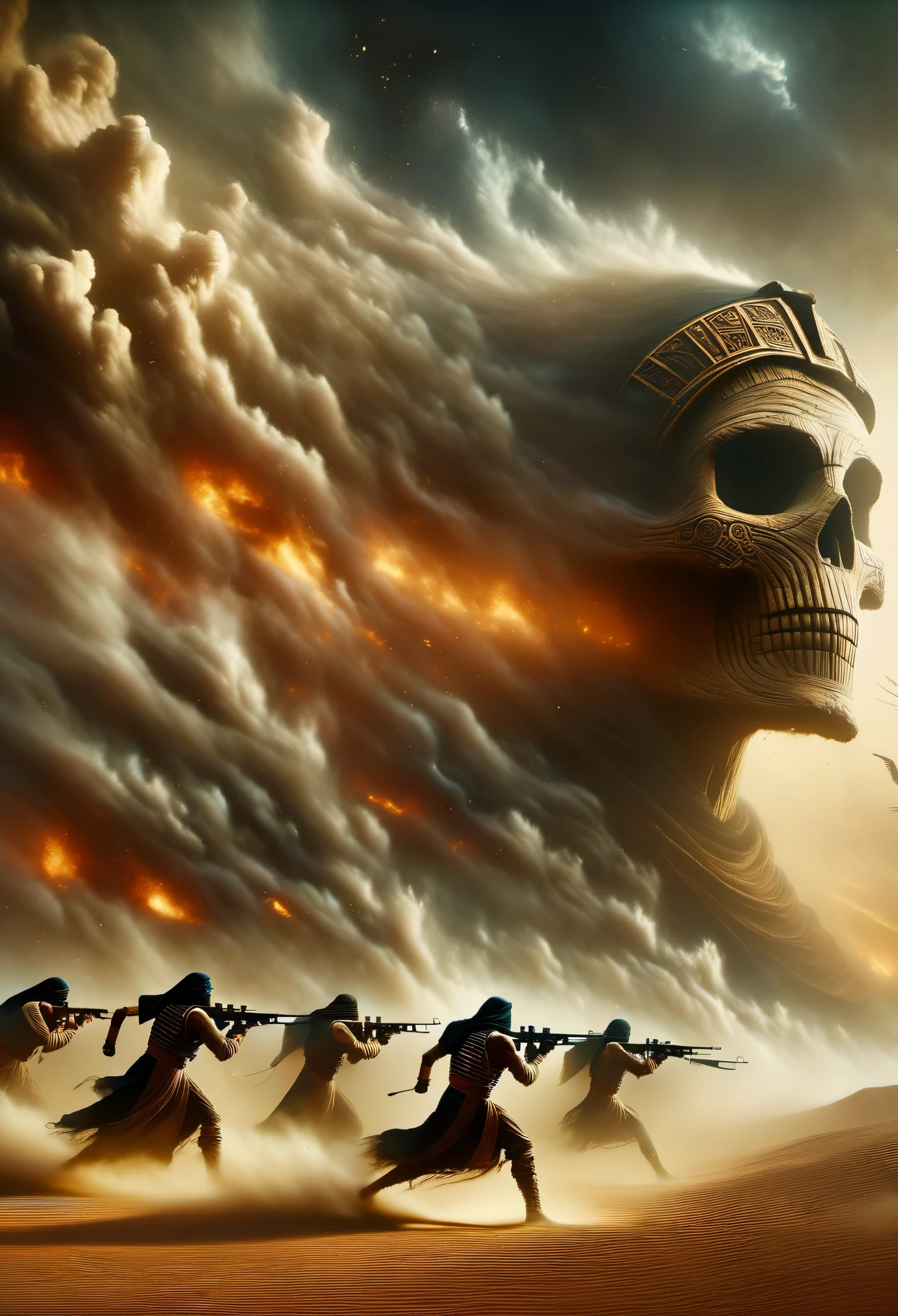 (desert, mummy, epic battle, ancient tomb, sandstorm), (oil painting, textured brushstrokes, dramatic lighting), (explosions, flying debris, intense action), (best quality, highres, ultra-detailed), (dark and gritty, ominous atmosphere), (warm earth tones, hint of gold), (focus on the fierce expressions, intricate Egyptian symbols)，The skeleton army behind you，，Desert Storm，