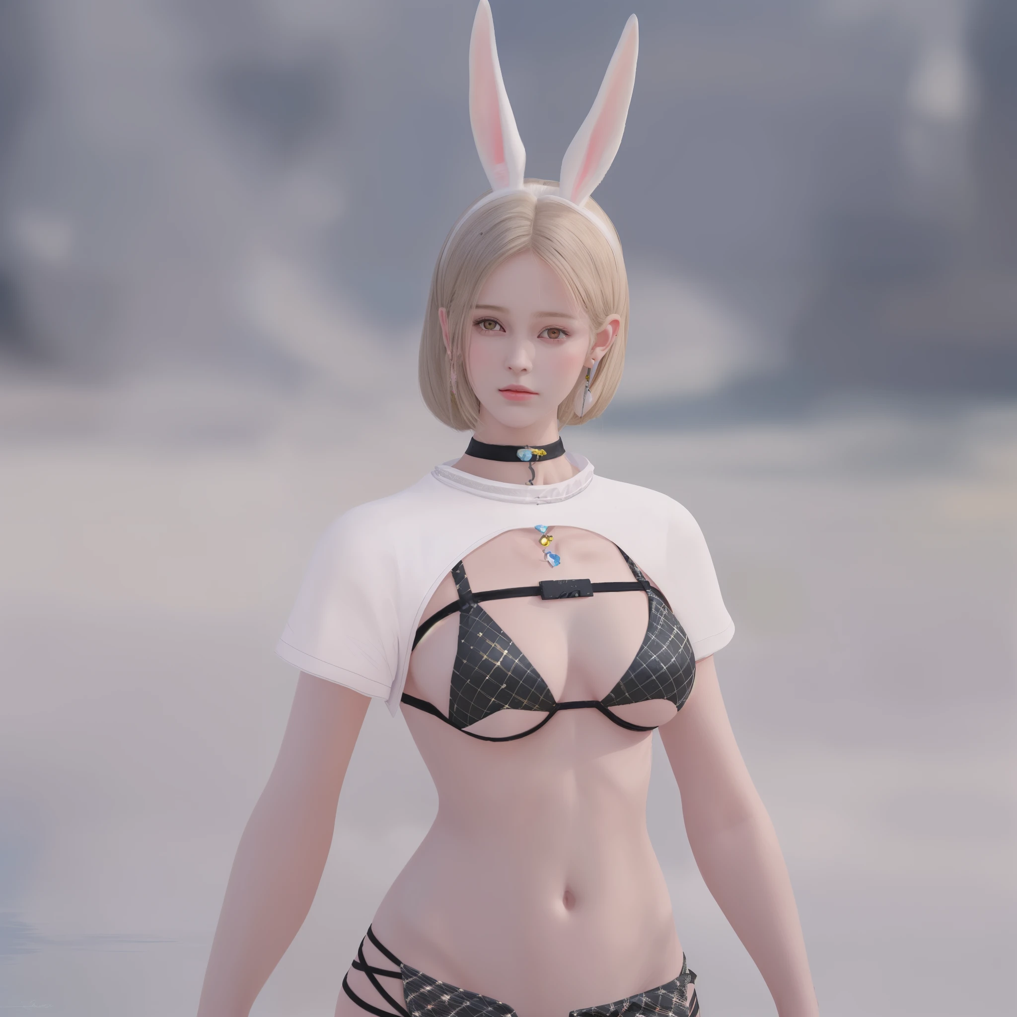 there is a woman in a bikini and oreilles de lapin in the water, fille déguisée en lapin, ultrarealistic sweet fille déguisée en lapin, with oreilles de lapin, oreilles de lapin, oreilles de lapin, costume de lapin, with big oreilles de lapin, wearing cybernetic oreilles de lapin, long oreilles de lapin, pointy oreilles de lapin, female personnage, wearing a costume de lapin, realistic shaded perfect body, Lapin_personnage