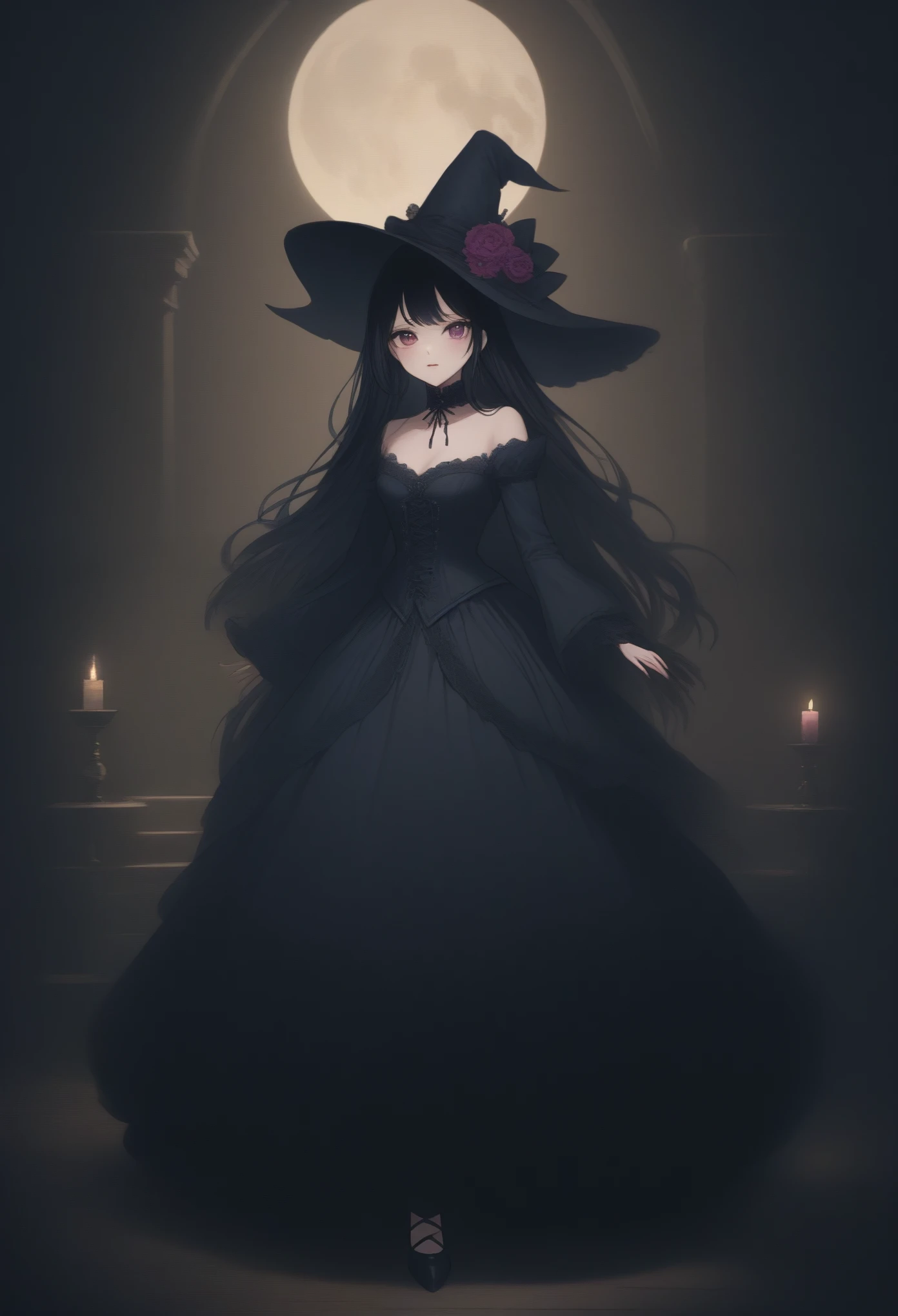 best quality,ultra-detailed,realistic,anime art,blue-eyed,long-haired girl looks happy,beautiful detailed eyes,beautiful detailed lips,long eyelashes,best quality painting,detailed,physically-based rendering,ultra-fine painting,fine details,painting,a teenage boy joins a witch coven and he gets magically transformed into a cute witch girl,gender bending ritual,she is embracing her new identity has a maiden of witchcraft and she’s eager to learn magic, a group of friendly witches are helping dressing up the new girl in a stunning black victorian dress, physically-based rendering,gorgeous dress design,flowing gown,elaborate lace details,rich textures,contrast stitching,delicate ribbon bows,floral accents,full skirt,high neckline,long sleeves,fitted waistline,flared cuffs,lace-up back,luxurious fabrics,flawless silhouette,high heels, pink-eyed girl,effeminate face,pointy hat,high heels,corset,long black hair,witches assisting in dressing up the new girl,promptly helps the new girl getting dressed in a stunning black Victorian dress, feminine and elegant movements, inside an abandoned castle with worned out furniture and occult symbol, moonlit night with a full moon shining above, soft and ethereal lighting, whimsical and enchanting atmosphere, breathtaking and bewitching nature, a sense of empowerment and self-discovery, high resolution, 4K, 8K