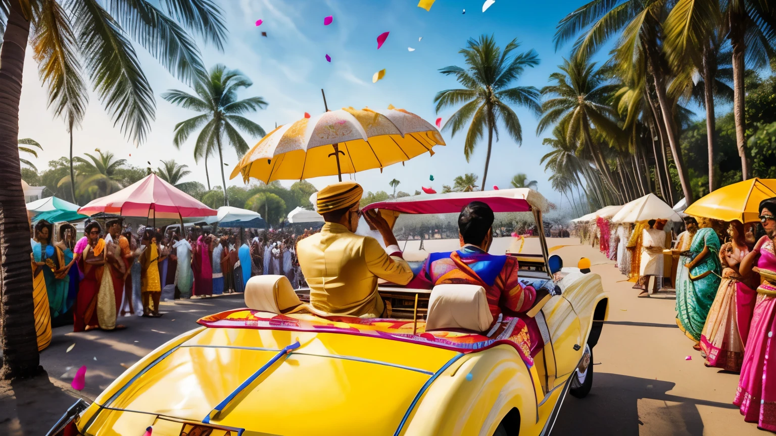 colorful Indian baraat ceremony, daytime, palm trees, crowd is wearing Indian wedding attire and following behind a white vintage convertible car, man is sitting in the backseat of the vintage white car with the top down, two men can be seen playing Indian drums, some women in sarees carry colorful indian parasols, alot of colorful confetti is in the air, colorful smoke is also in the air