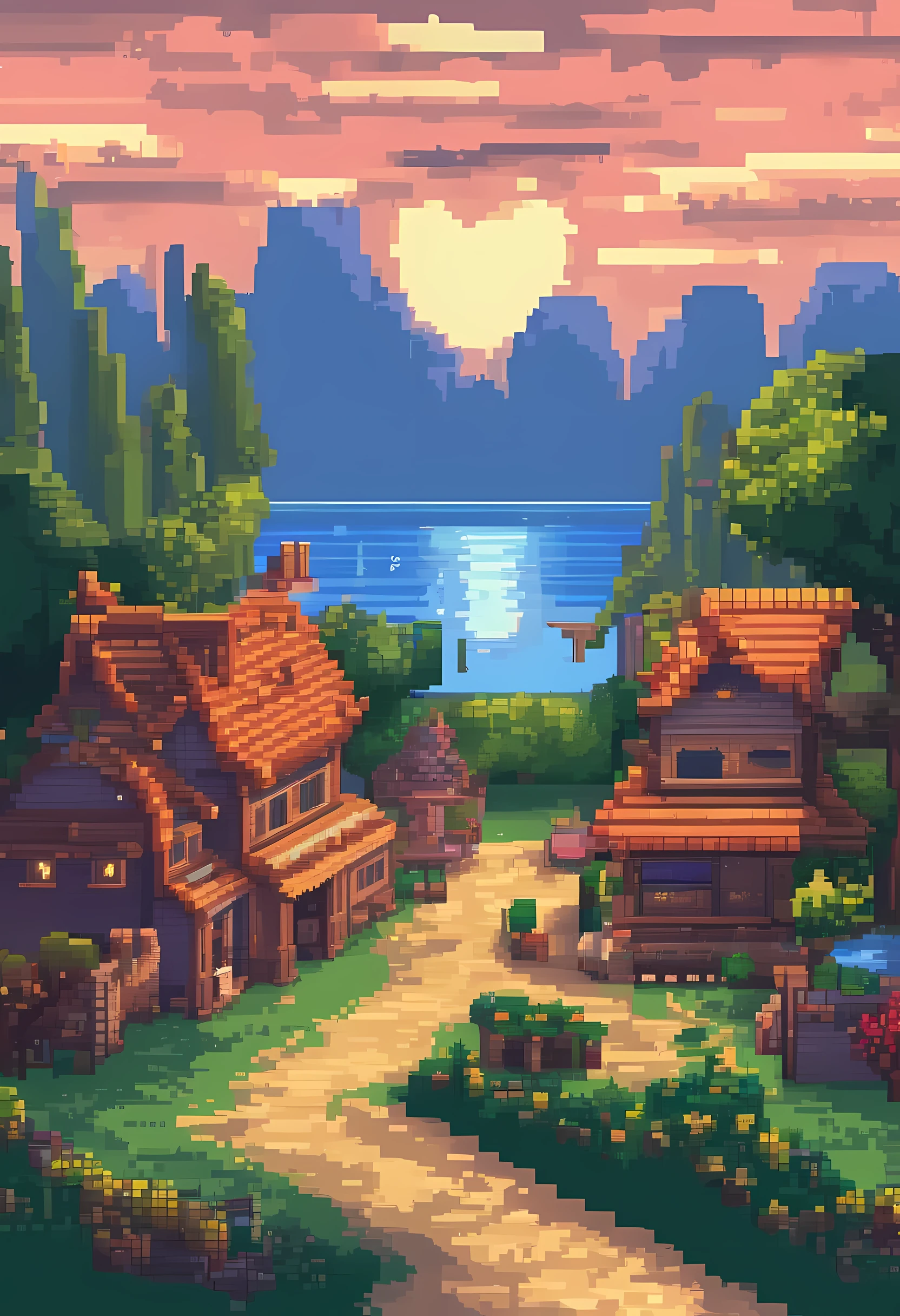 Pixel art tourist destination landscape. Evening. 3d pixel art 4k wallpaper. Incredible pixel art details. Pixel art. Steam waves. Detailed unreal engine pixel art. village at night pixel art. beauty of the night