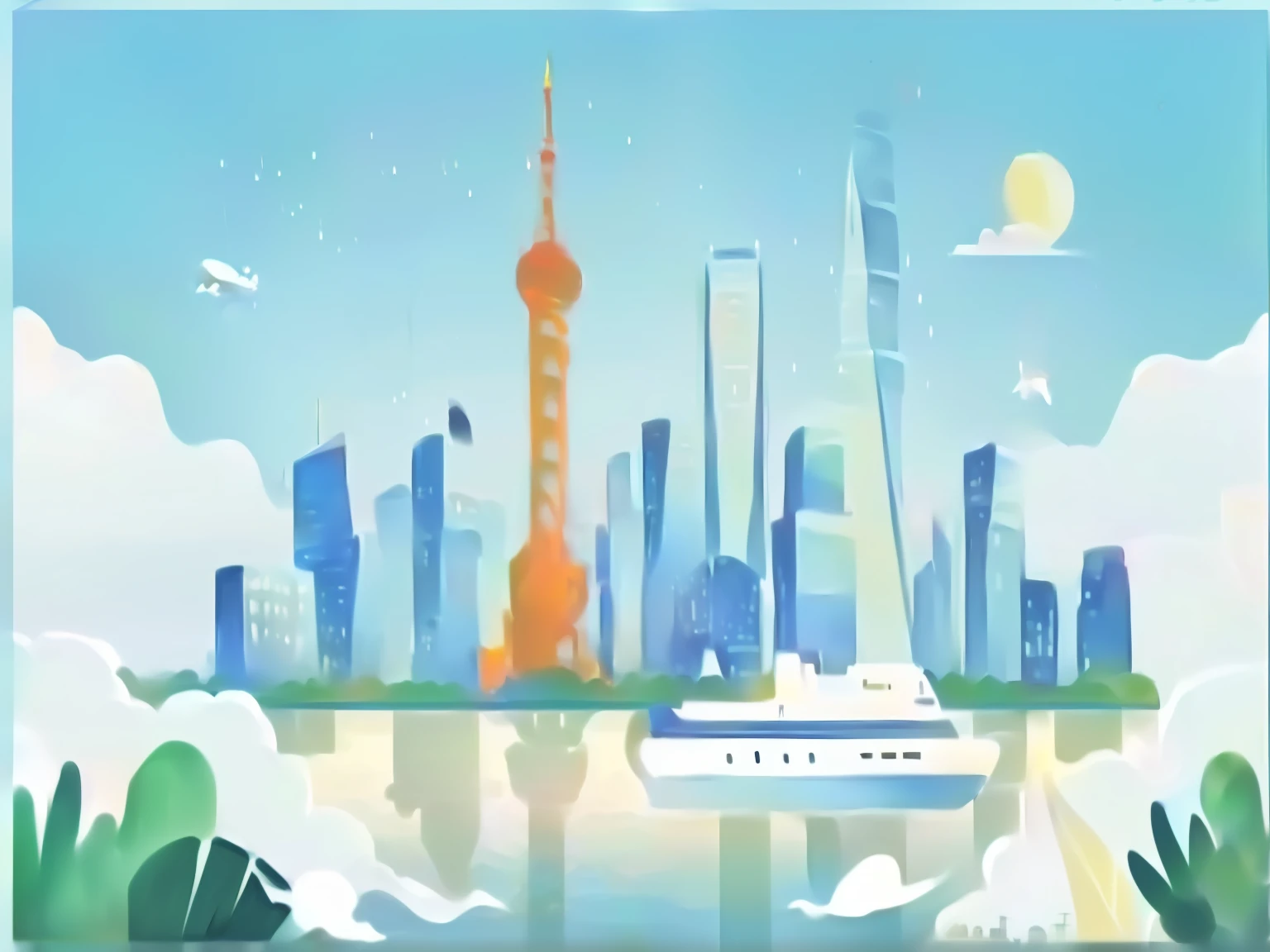 Photo close-up of a city，There is a boat in the water, Shanghai city, Shanghai, corporate animation style, an illustration, chinese new year in Shanghai, city background, Beijing, business illustration, Simple explanation, animated illustration style, Digital 2D animation, by Zha Shibiao, city background, city in background, by Cheng Jiasui