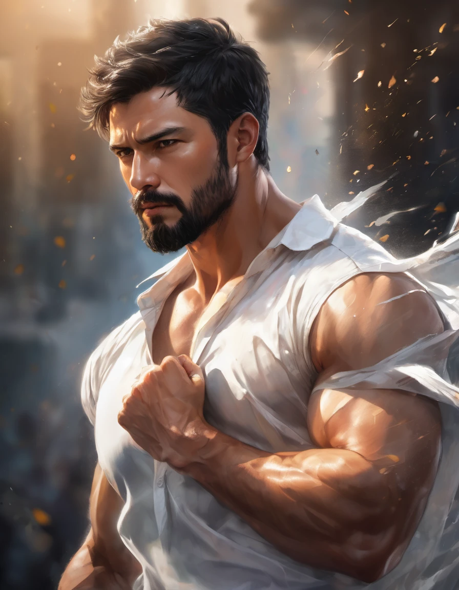 full color,a handsome male，around 30 years old，Mature and sexy，short black hair，Short beard，Strong body，muscular，thick hair，Chest hair white shirt，Gathering his last strength.,make a fist,Dirty equipment,anger,,brave,dim background,flash,beautiful light and shadow,rendering,zentangle element,wind effect,masterpiece,最高masterpiece,polite yet bold,Dynamic,Semi-realistic style,detailed details,Illustrations that excite your audience,medium long shot，Standing posture