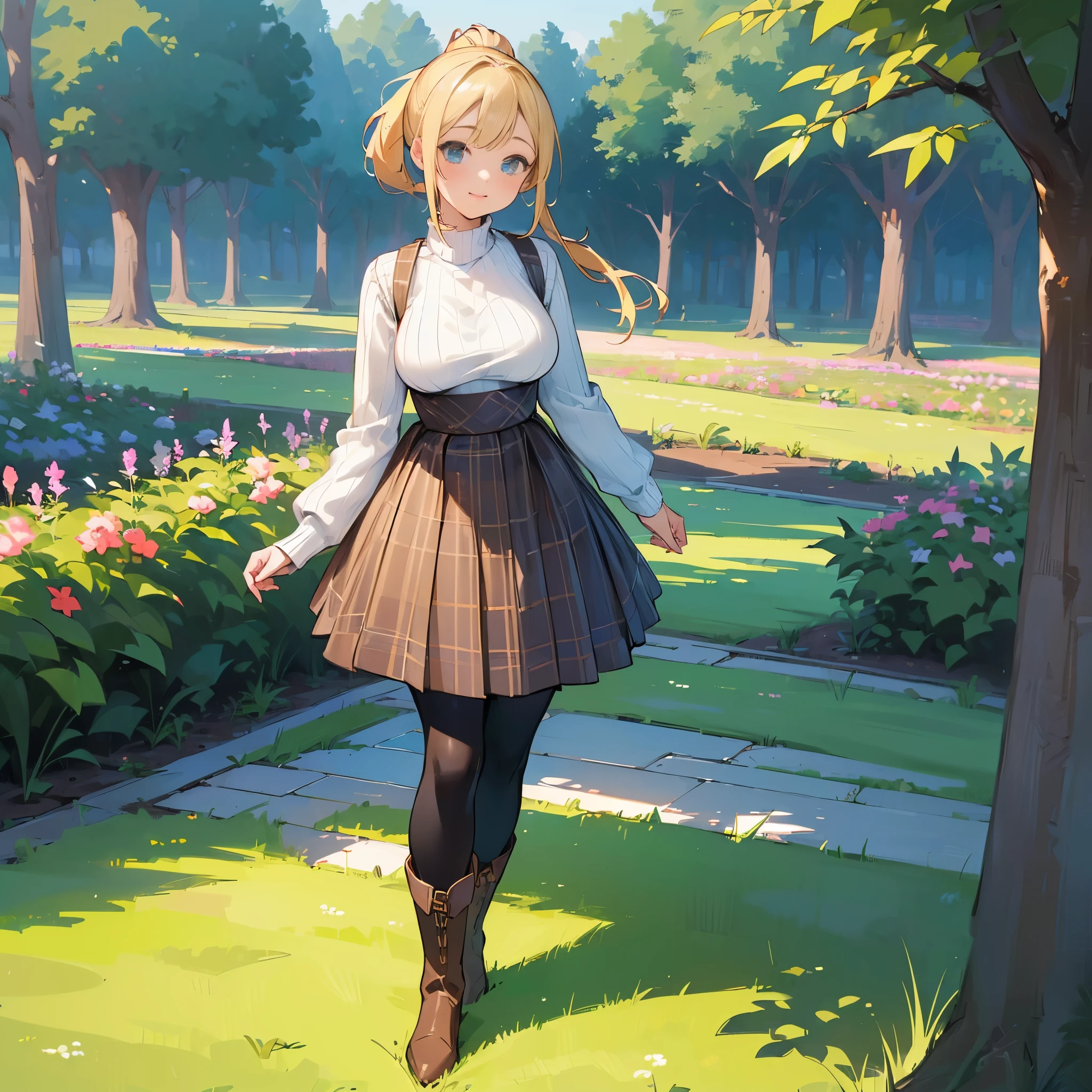 (high quality, High resolution, Super detailed, reality:1.37), peaceful atmosphere, (outdoors, garden), teenage girl standing alone, (my breasts are big.), Beautiful detail features, cute smile, (blonde ponytail), ribbed sweater, blue plaid skirt, black tights, brown boots.