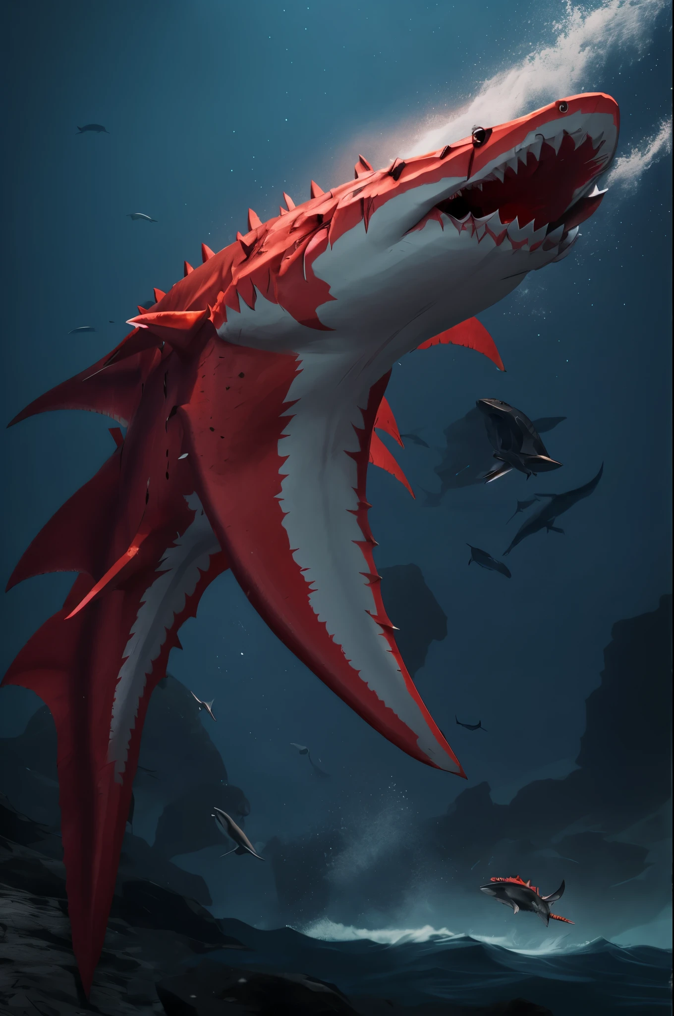Sea shark monster, red skin, jagged fins, highly detailed
