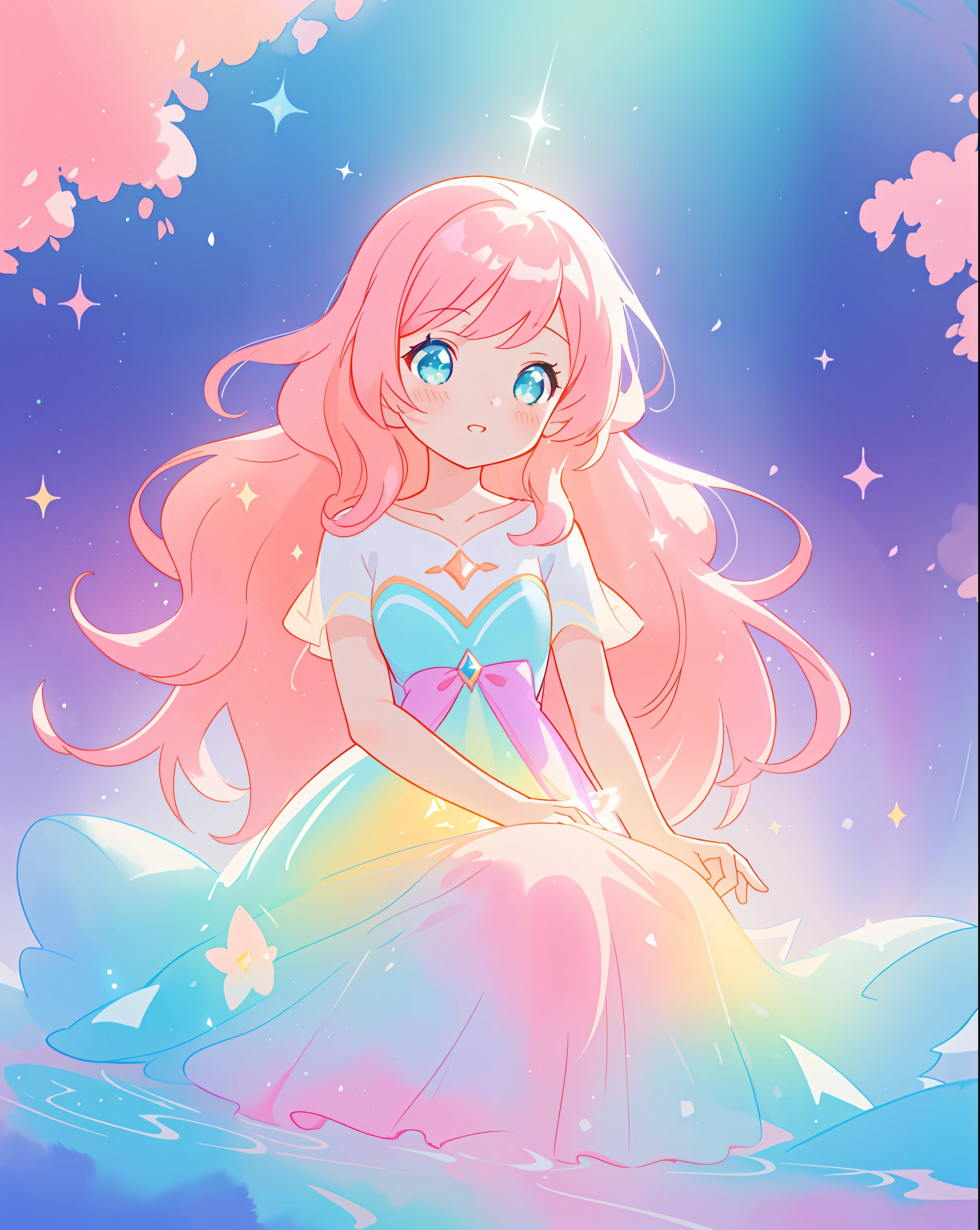 beautiful girl in sparkling gradient ball gown, langes, welliges, pfirsichrosa Haar, lebendige Pastellfarben, (bunt), bunt watercolor background, ethereal, magisch lights, sparkling liquid light, inspired von Glen Keane, inspired von Lois van Baarle, Disney-Kunststil, von Lois van Baarle, leuchtende Aura um sie herum, von Glen Keane, jen bartel, leuchtende Lichter! Digitale Zeichnung, flowing, leuchtendes Haar, strahlend flowing Haar, beautiful digital illustration, Fantasy-Hintergrund, Wunderlich, magisch, Fantasie, pretty face, ((Meisterwerk, best quality)), Komplizierte Details, sehr detailliert, scharfer Fokus, 8k resolution, funkelnde, detaillierte Augen, liquid watercolor
