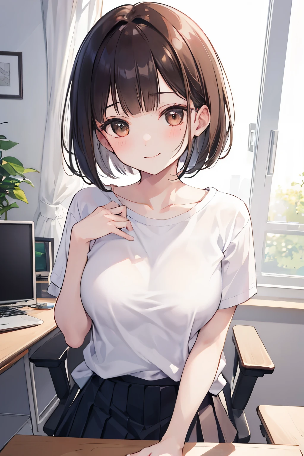 frame in, from right in front of face and body, view straight on, upper body, High quality, very high res, High quality, very high res, cute girl, brown hair, forehead, blunt bangs, bob cut, blush, Brushed up bangs, (white wearing a plain t-shirt), upright, pleated skirt, work desk, sitting in a work chair, (((place pov hand in the middle of girls chest))), smile, at office