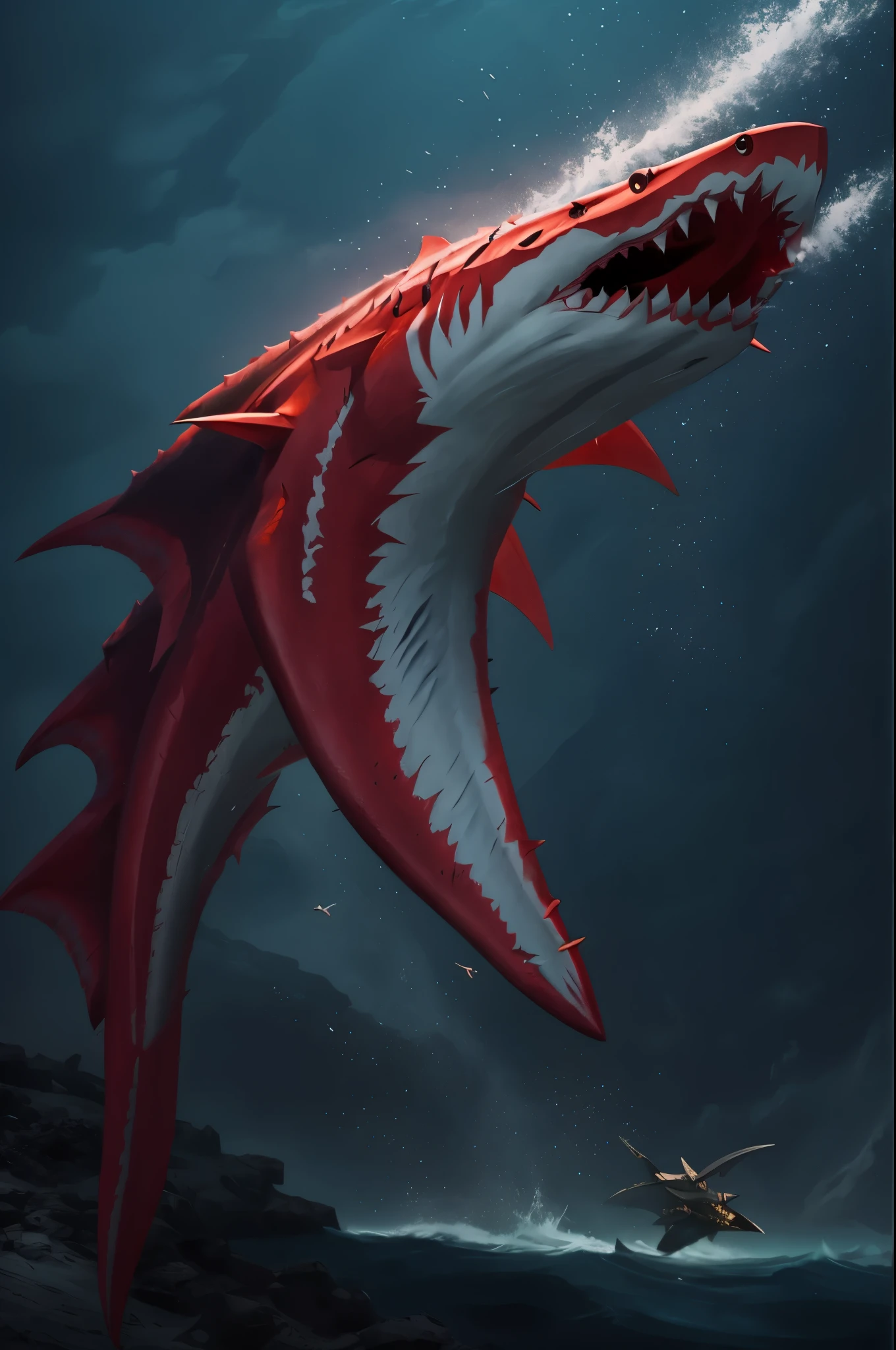 Sea shark monster, red skin, jagged fins, highly detailed