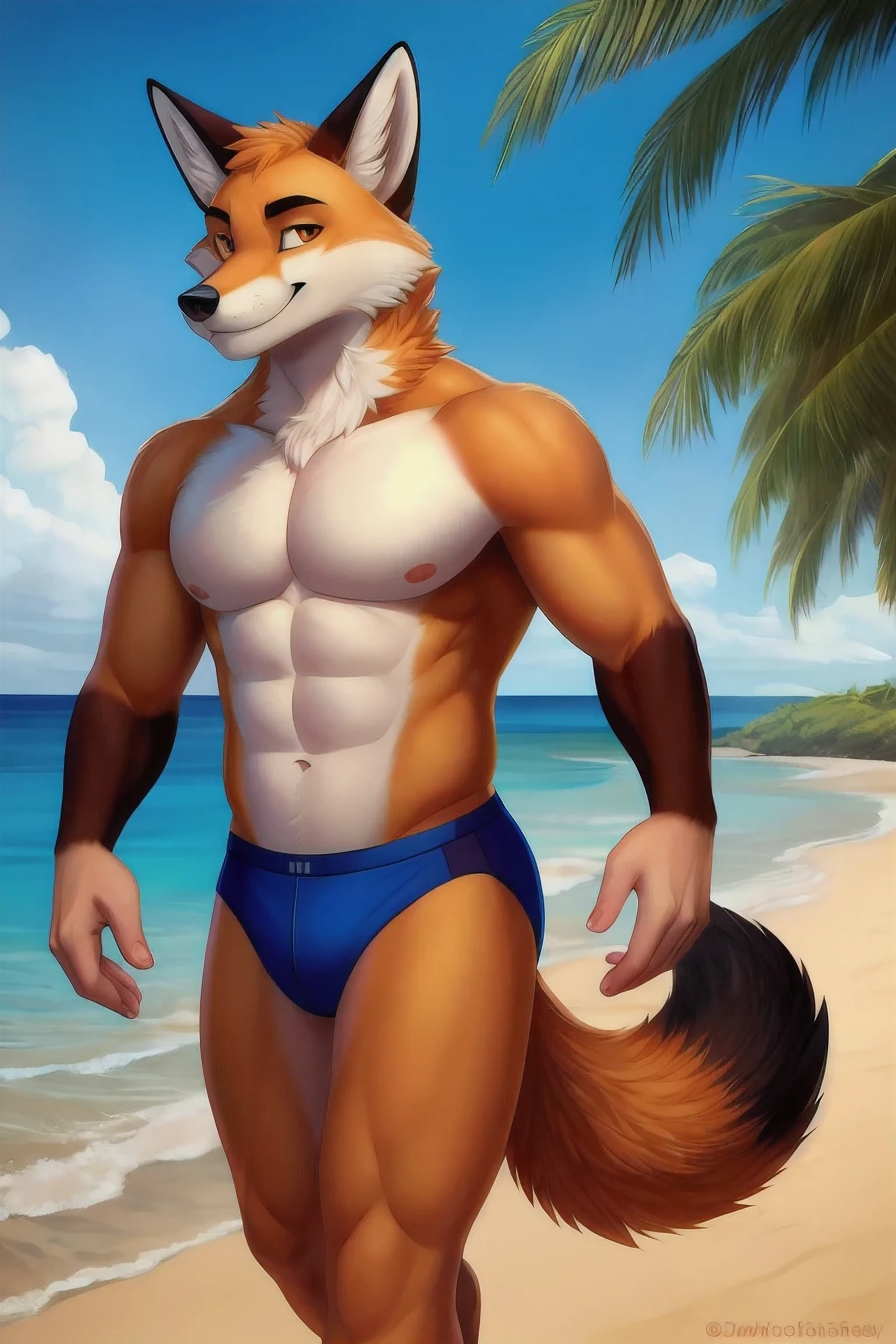 Handsome red fox , beach