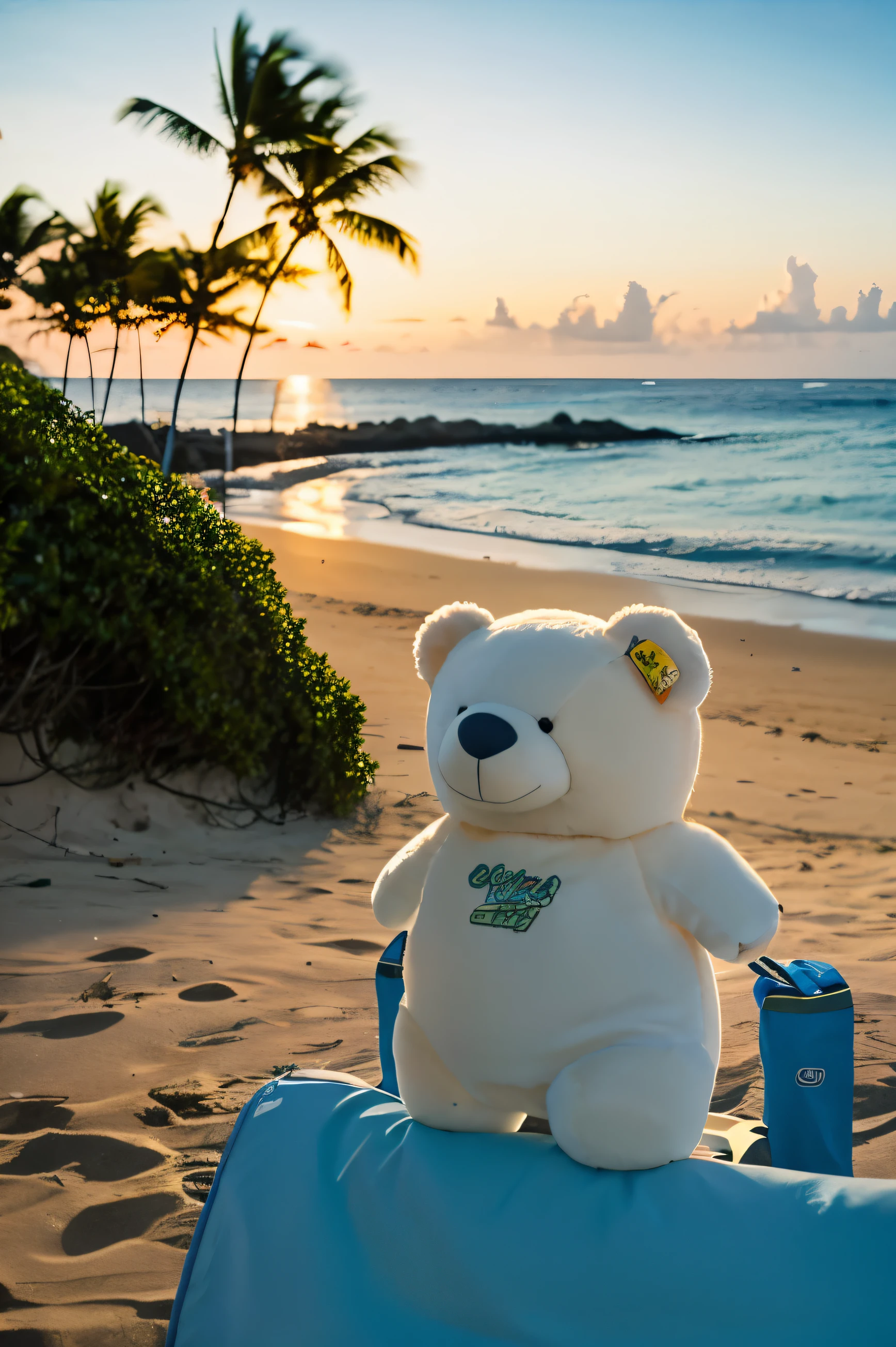 There are beach chairs on the beach of the southern island.、There is a stuffed polar bear wearing headphones..。relaxing time、Dusk falls on the horizon。