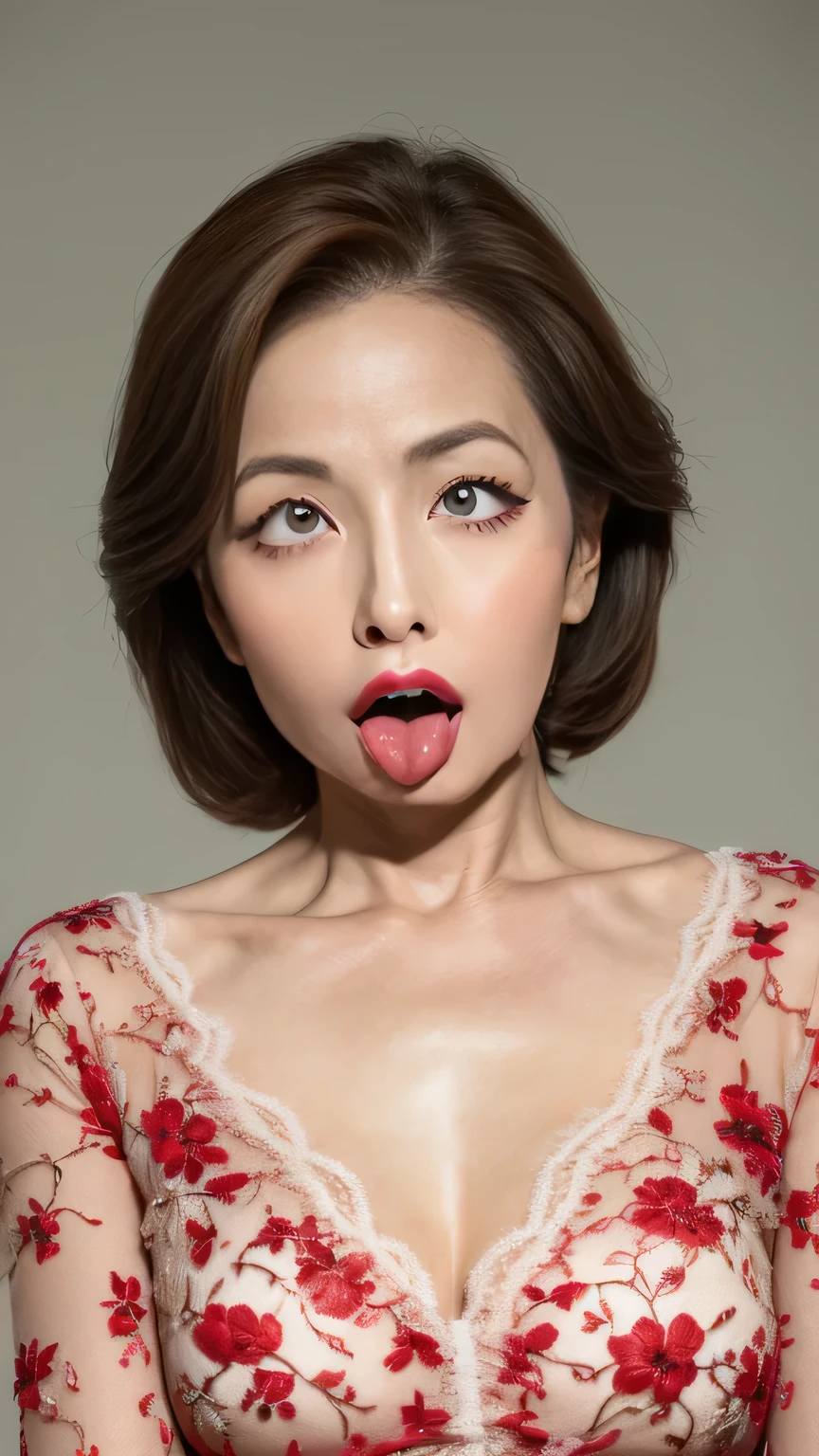 ((stick out a wet tongue))、((half open mouth))、((Glossy red lip gloss))