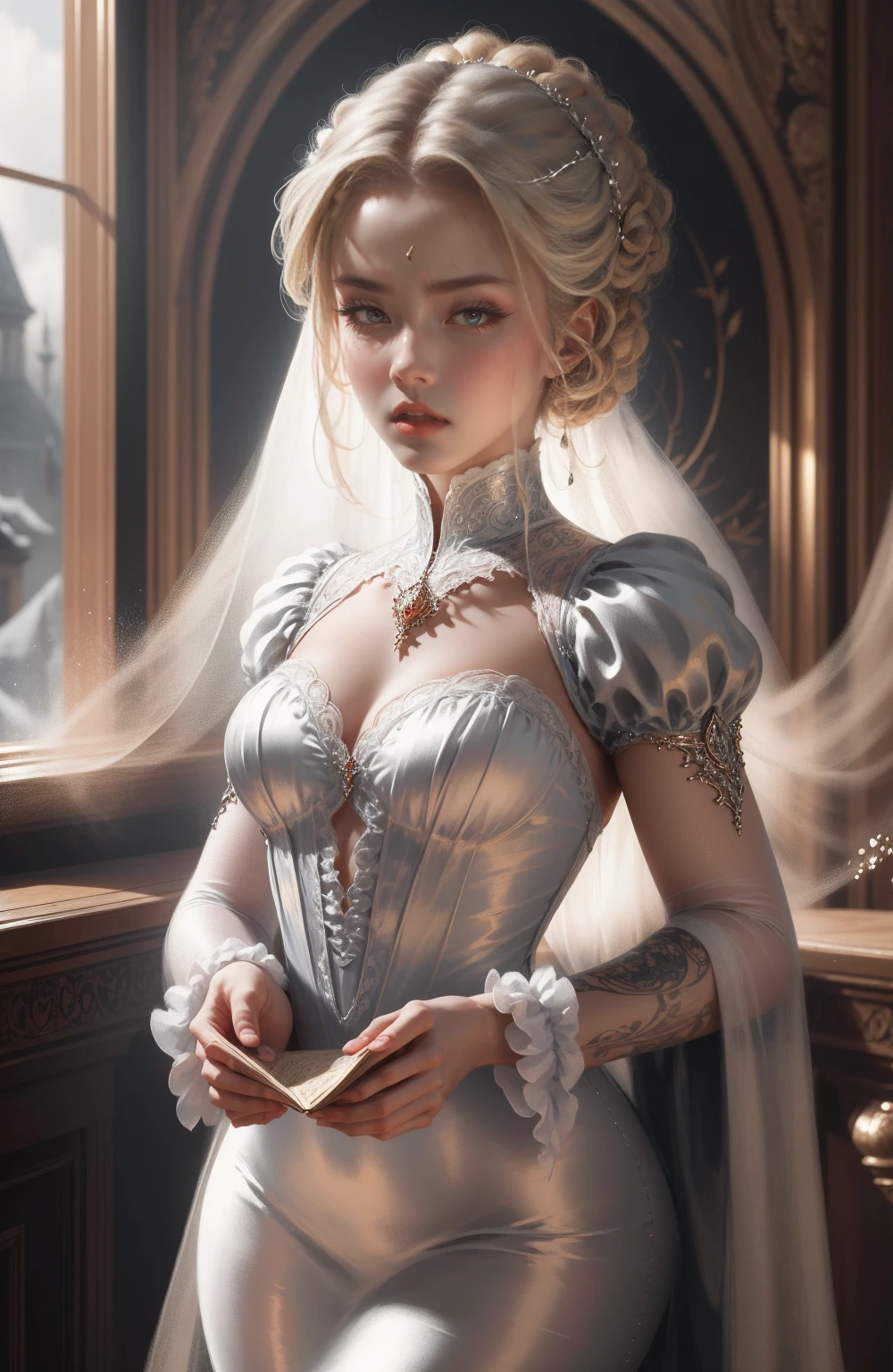 { - anatomy error}(Masterpiece - Ultra-detailed, very high resolution) Prepare to be enchanted by a true masterpiece that combines ultra-detailed art with high-resolution rendering. This work depicts a mesmerizing woman with very long blond hair (1.3) and captivating gray eyes (1.2), emanating an aura of elegance and mystery in Victorian settings. The intricate details and realistic textures invite you to explore every aspect of this enchanting composition. Woman wearing beautiful classic Victorian costume from the year 1878. Red lips. Happy face. Smiling. white (white) dress. dancing lightly, dynamic poses. Get ready to dive into a world where beauty and craftsmanship merge perfectly.