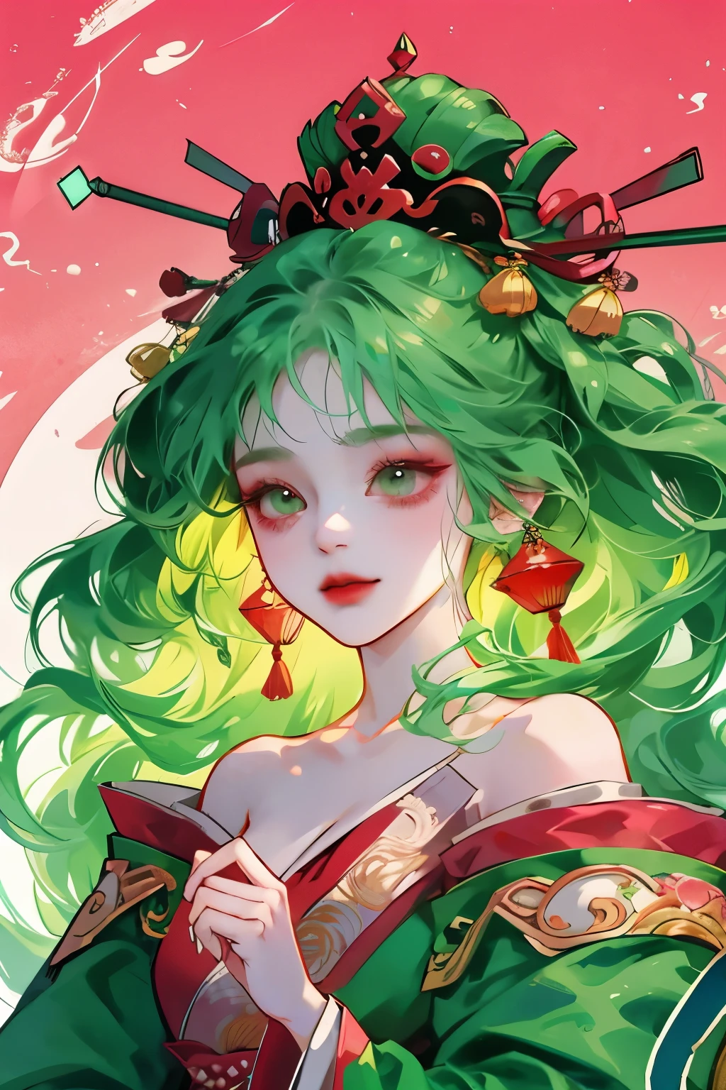 With pink flowers on the head,no loose hair,All tied up neatly,Green gem fringe hair accessories hang naturally to both sides, green earrings,Hanfu, one shoulder,Arms wrapped in gauze,charming eyes,Korean makeup,Smile,Show collarbone,Lotus anthropomorphic,The demon incarnated as a lotus flower, Wearing ancient Chinese clothes,tie up all your hair,Oiran,Brow line、Wearing pink gauze,Close-up of doll in green dress, palace , A girl wearing Hanfu, ancient chinese princess, Hanfu, one shoulder,Show collarbone,Queen of China, Wearing ancient Chinese clothes, Gurwitz's masterpiece, Matches ancient Chinese costumes, Inspired by Uemura Pine Garden, heise jinyao, detailed picture