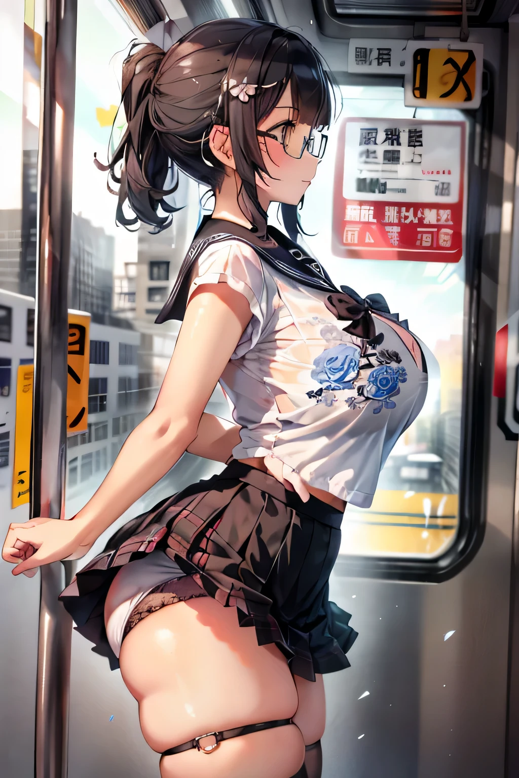 highest quality、High resolution、detailed background、Black square glasses、cute10代の美少女、(huge breasts:1.1)、perfect body line、Well-defined model body、black hair braided ponytail、black floral embroidery panties、black floral embroidery bra、
cuteセーラー服、white sailor collar、cute school cardigan、Pleated mini skirt with tartan plaid pattern、white knee high socks、white overknee socks、go to school、in a crowded train、((Super enlarged sailor collar from the side))、cute、Don'don't look here、cute、camel toe
